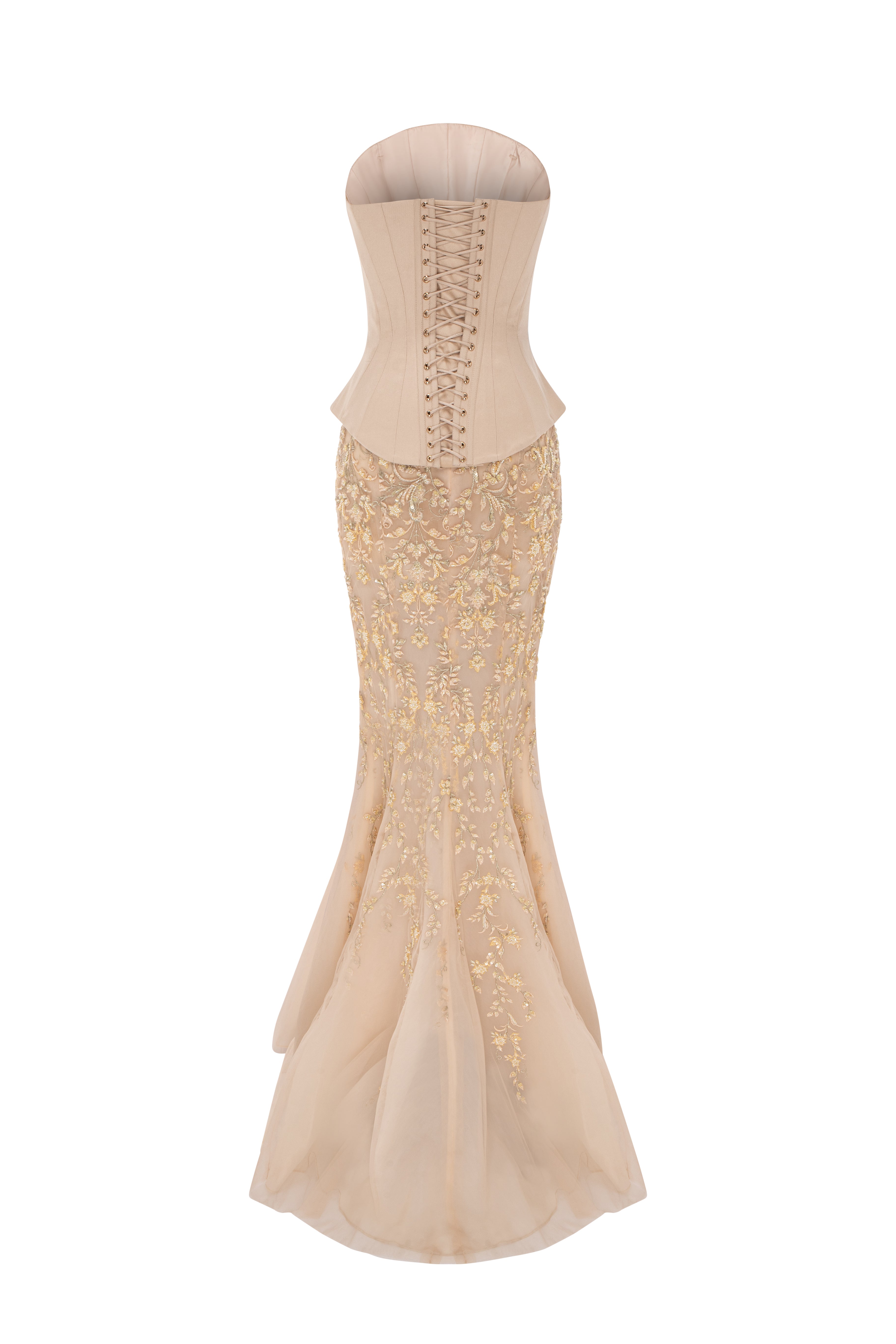 Strapless Structured Corset Gown With Beaded Lace Appliqué And Mermaid Skirt.