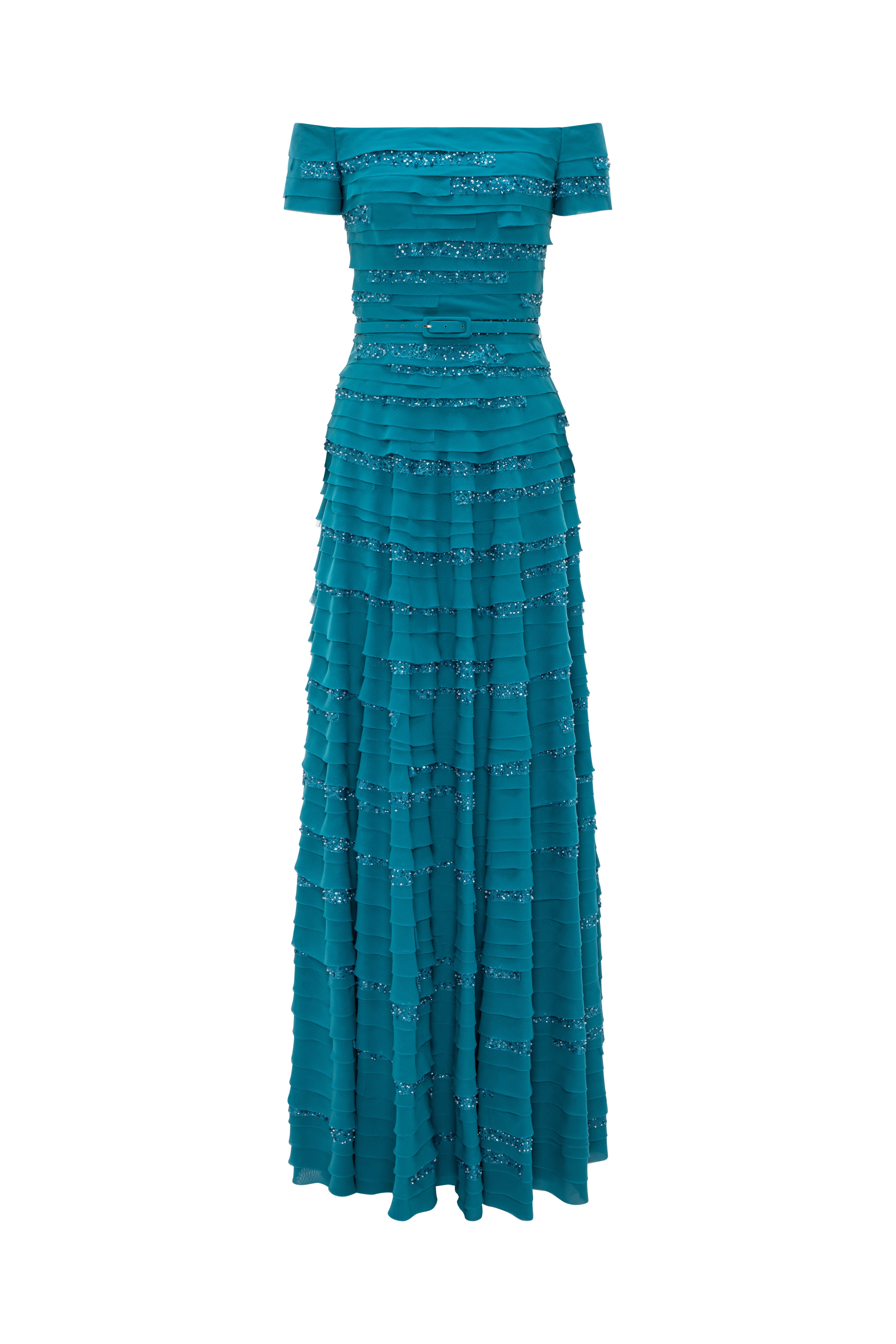 Off-Shoulder A-Line Muslin Gown With Layered Panels And Beaded Tulle Inserts And Belt