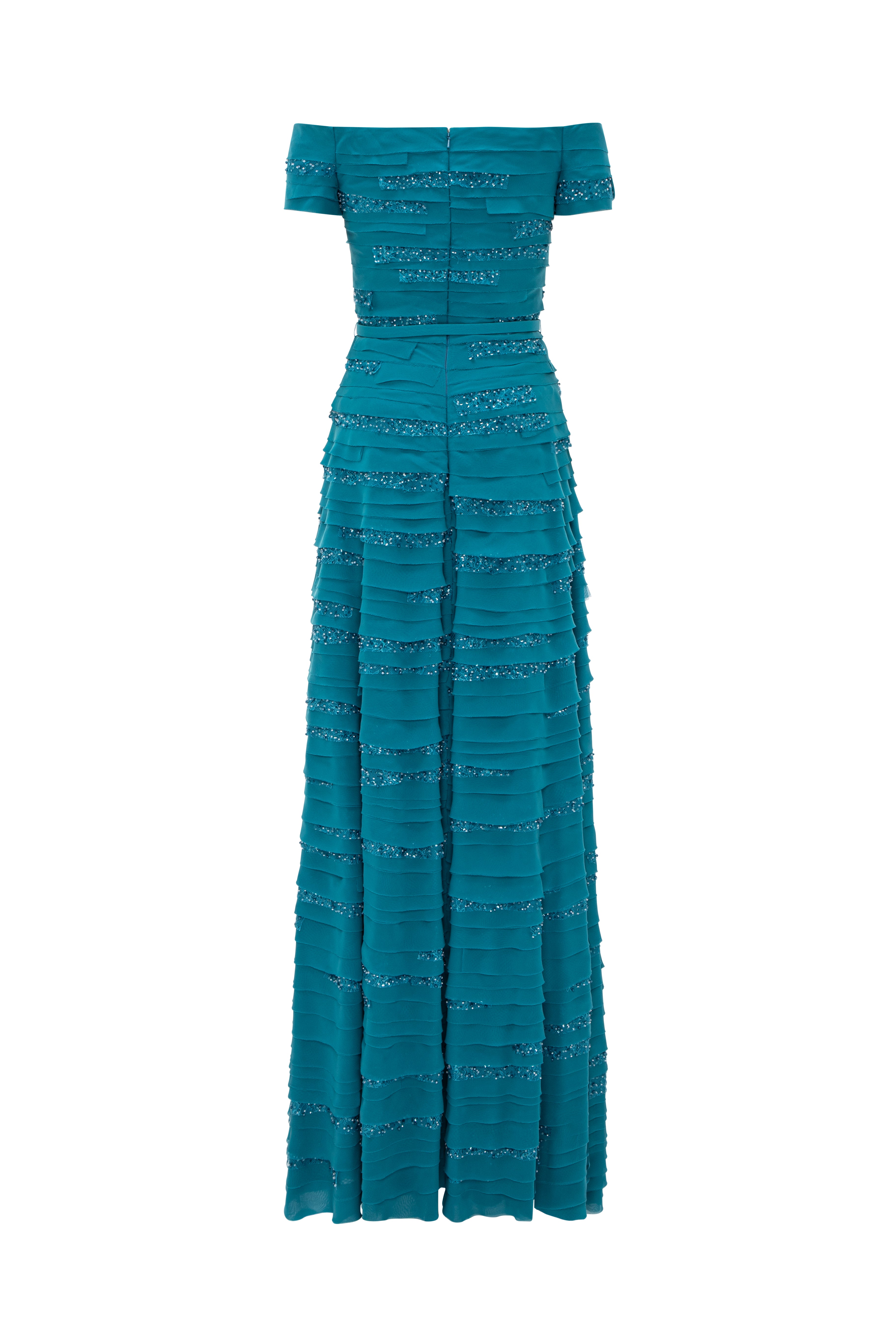 Off-Shoulder A-Line Muslin Gown With Layered Panels And Beaded Tulle Inserts And Belt