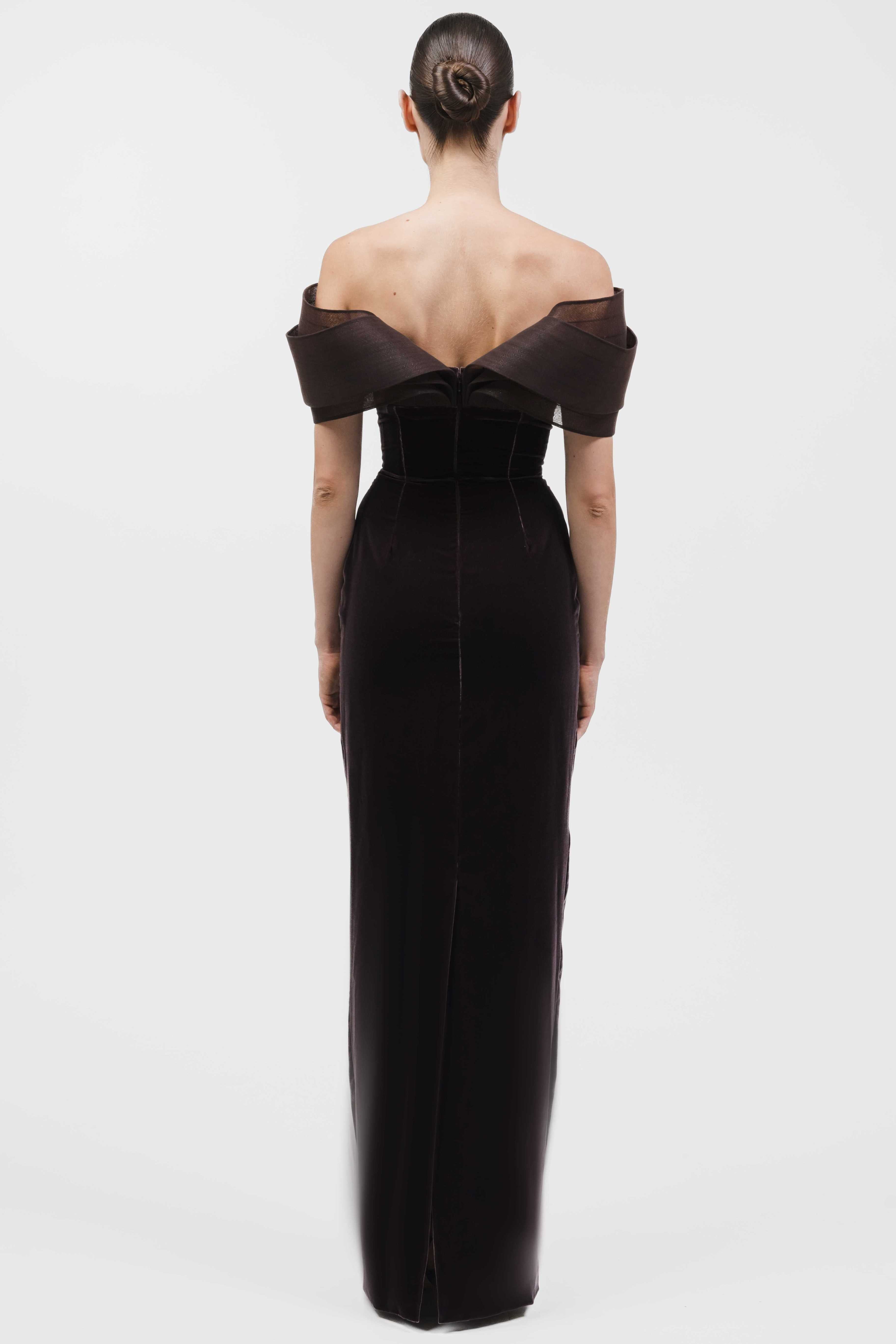 Off-Shoulder Column Gown With Structured Layered Beaded Bands.