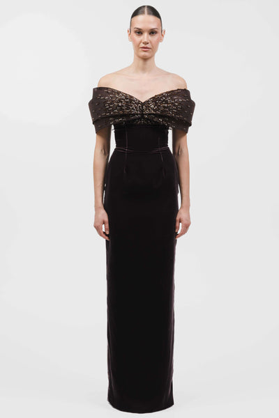 Off-Shoulder Column Gown With Structured Layered Beaded Bands.