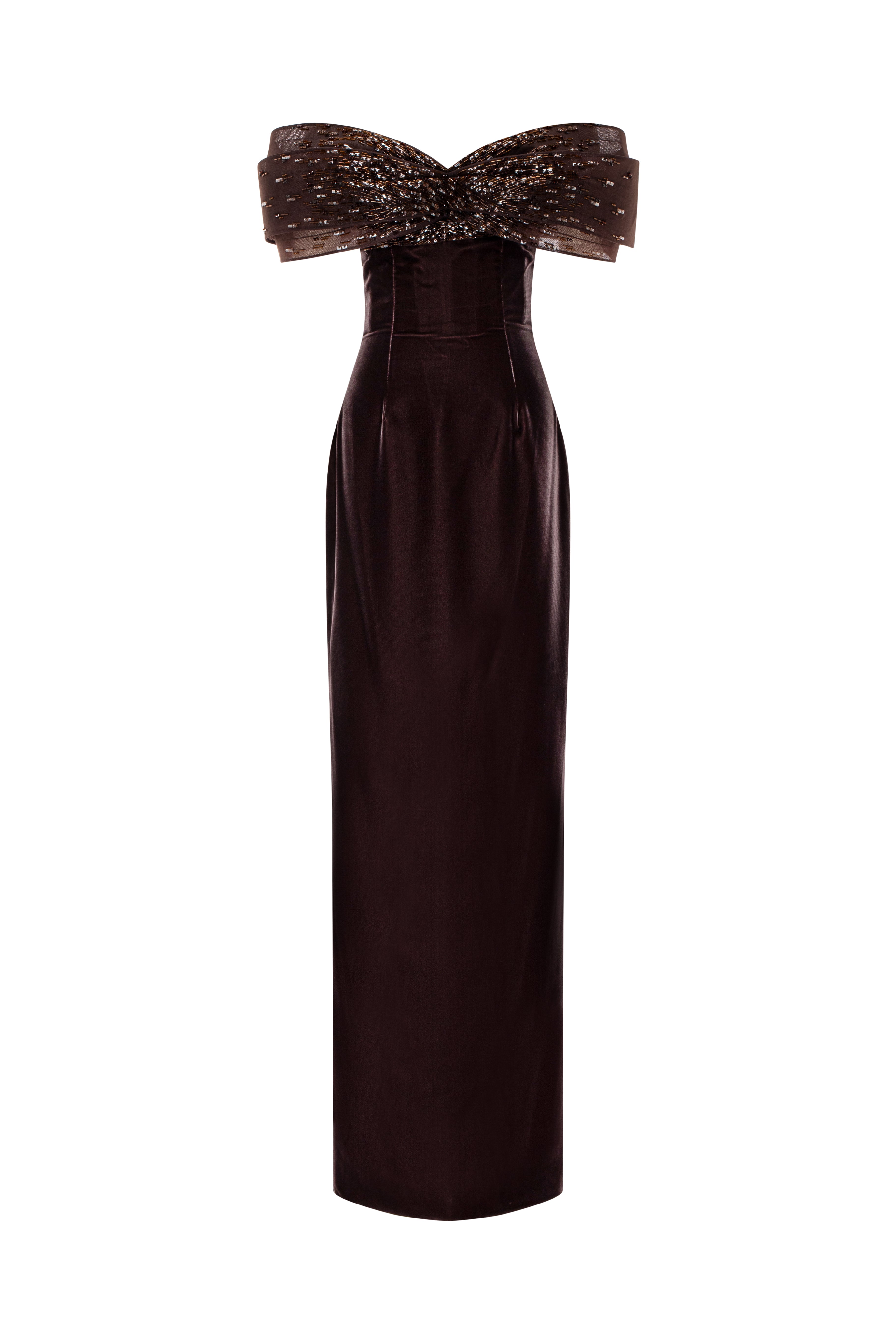 Off-Shoulder Column Gown With Structured Layered Beaded Bands.