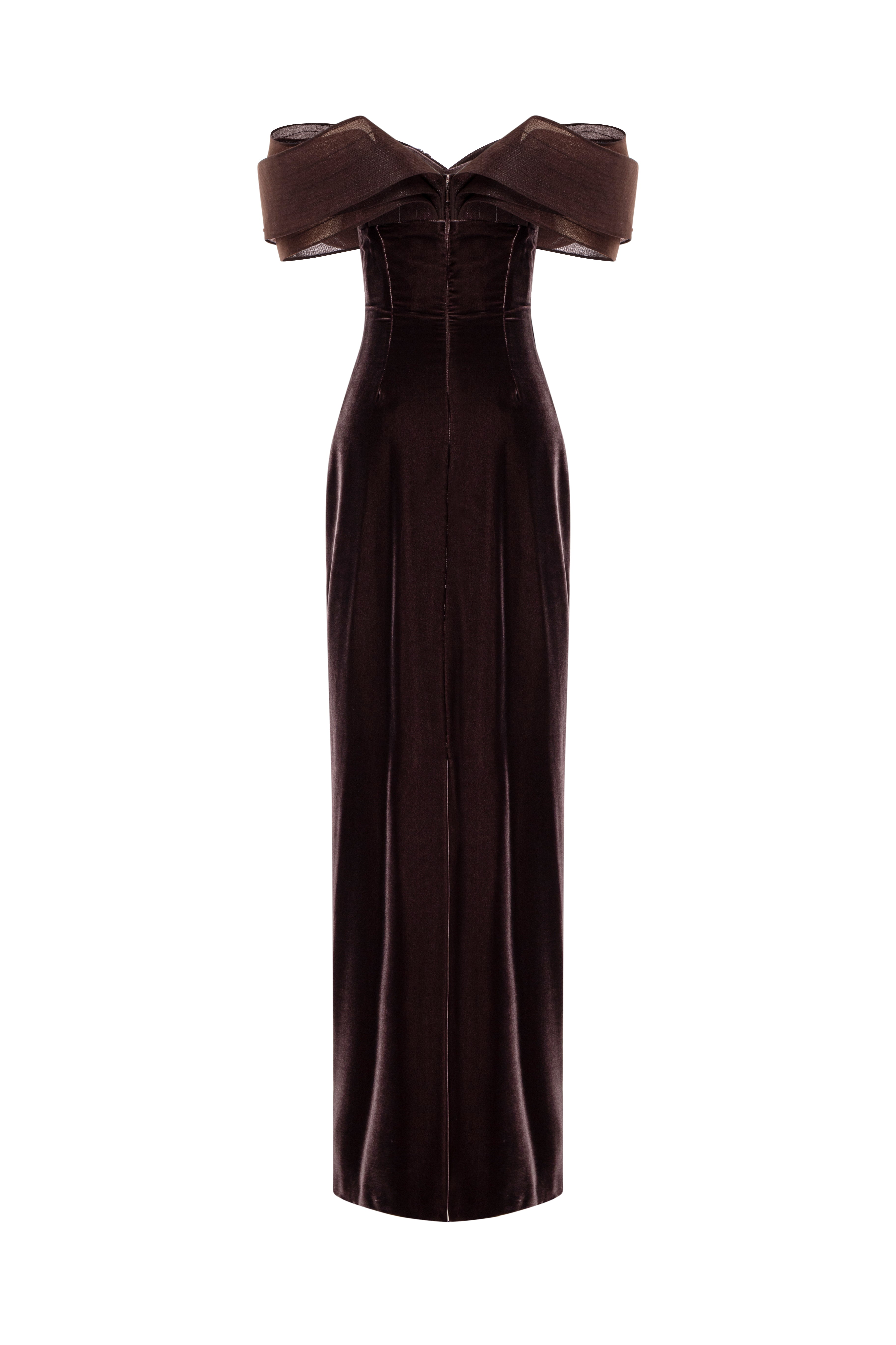 Off-Shoulder Column Gown With Structured Layered Beaded Bands.