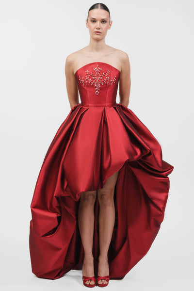 Strapless High-Low Gown With Voluminous Draped Skirt