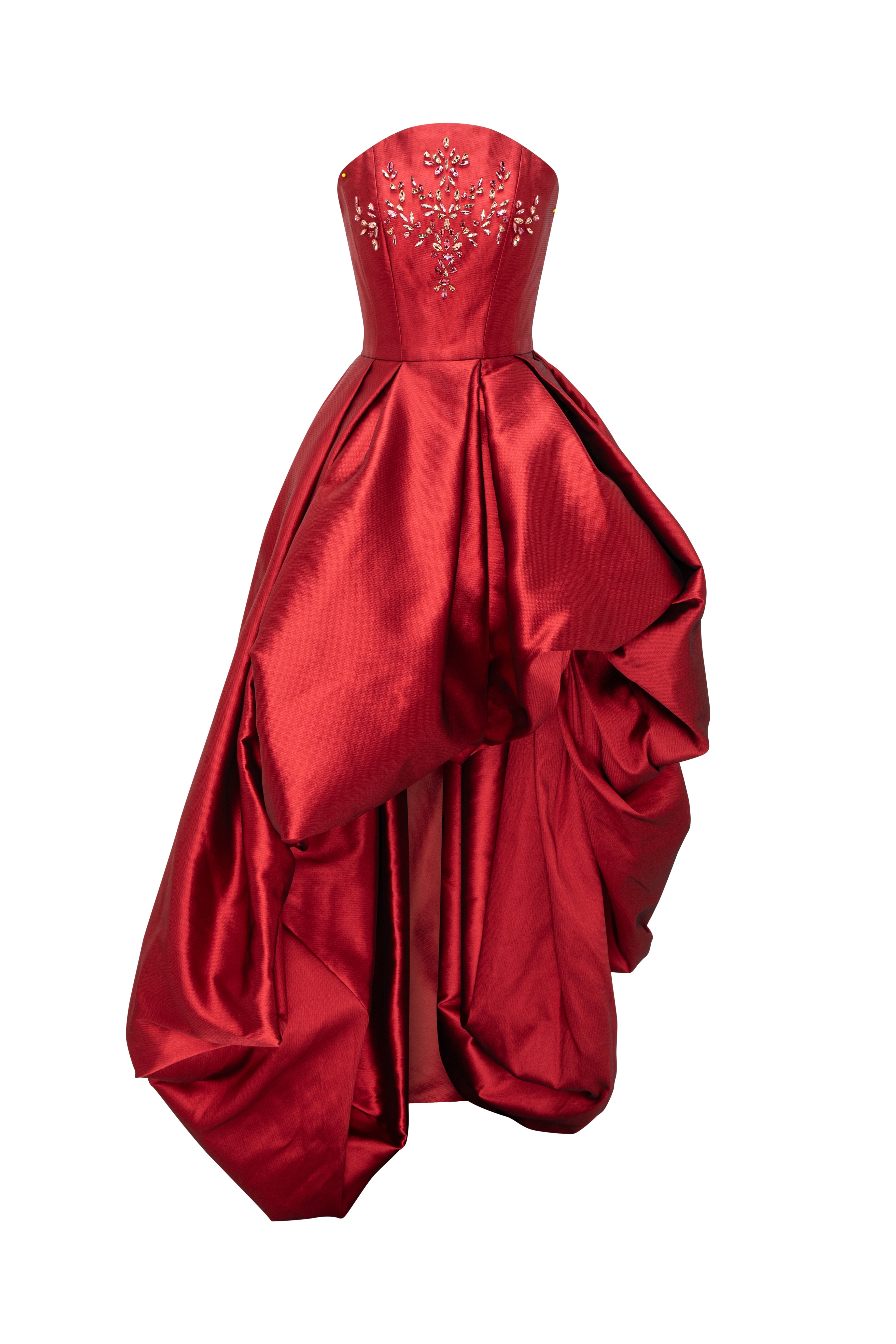 Strapless High-Low Gown With Voluminous Draped Skirt