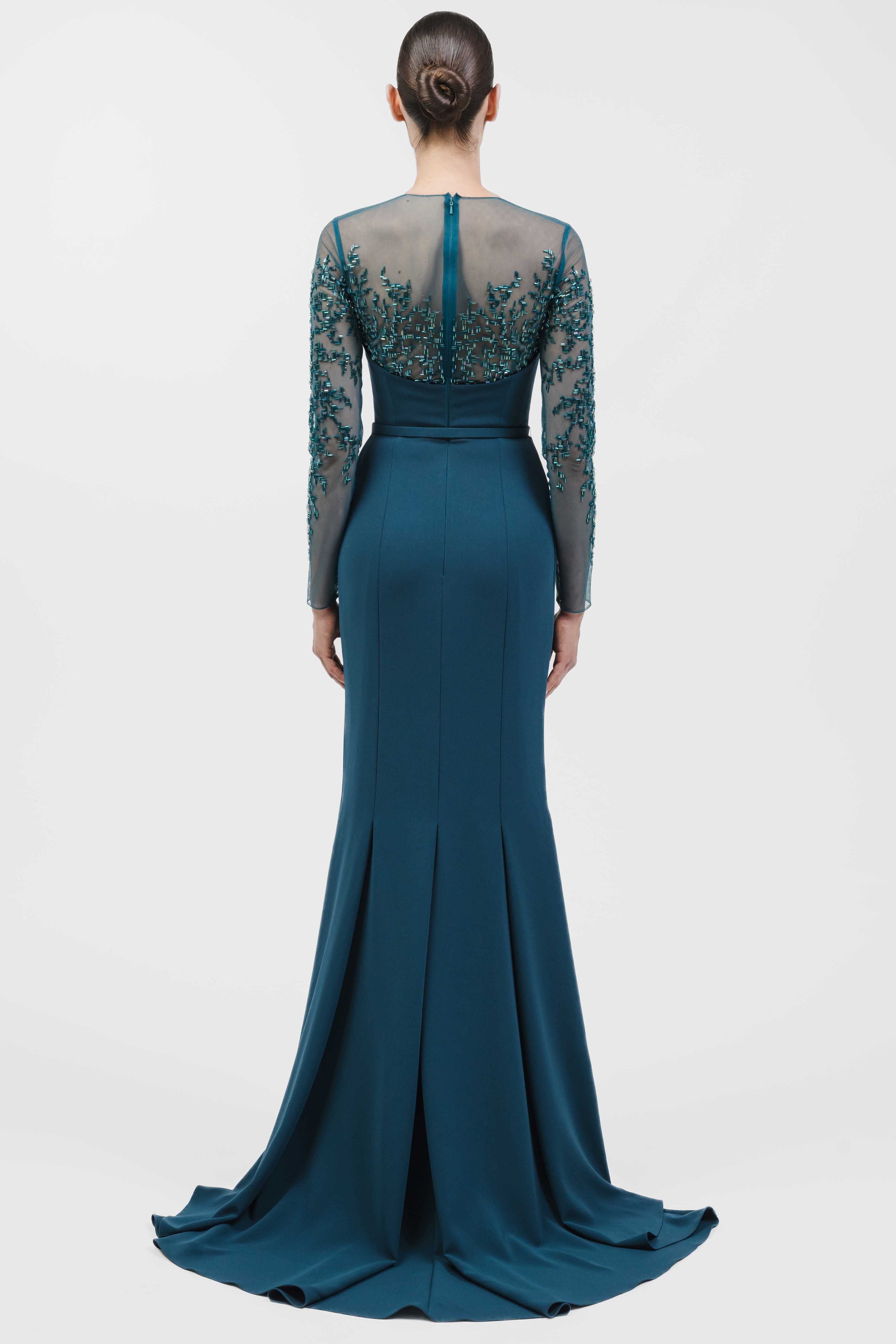 Mermaid Gown With Sheer Embroidered Long Sleeves And Belt.