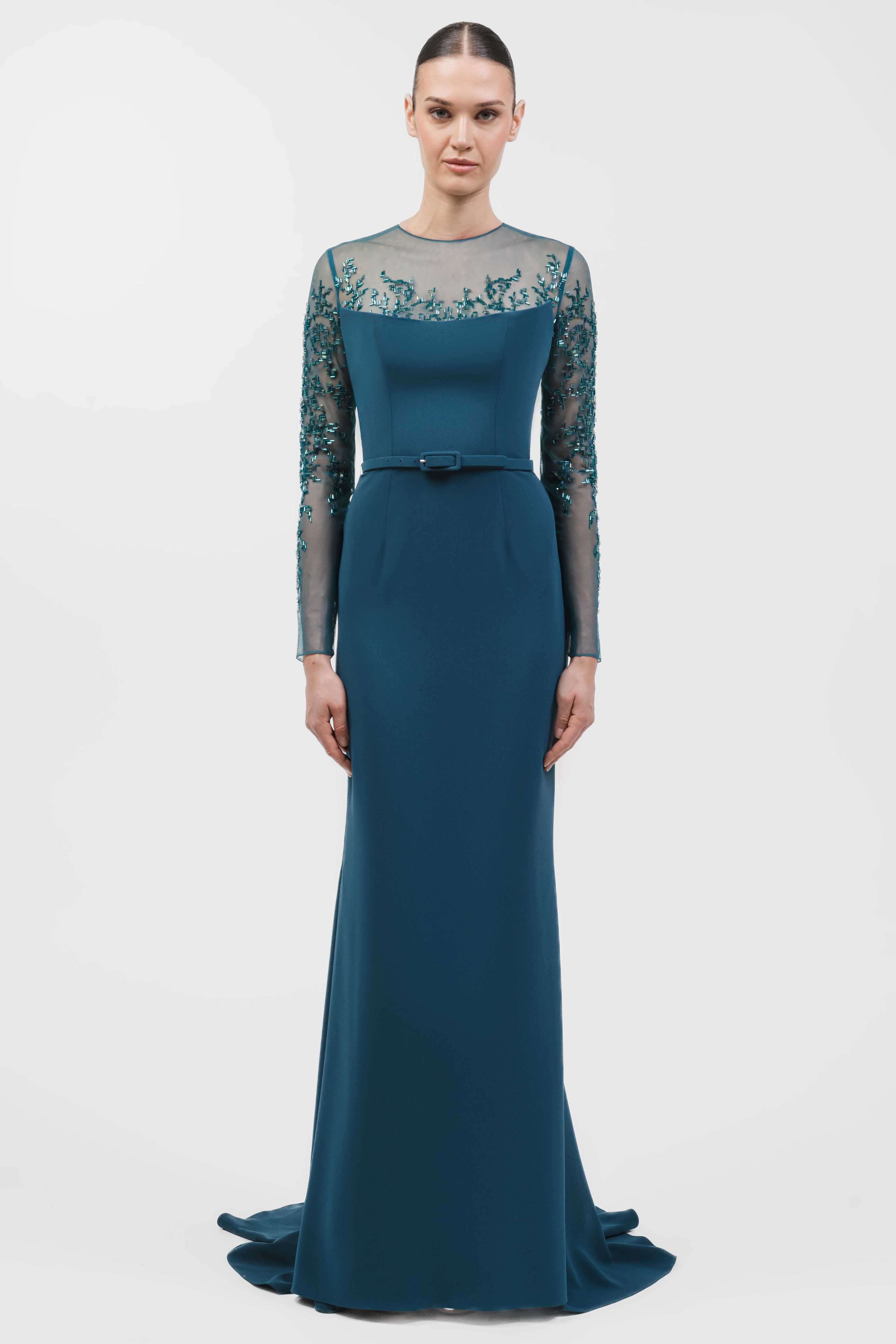Mermaid Gown With Sheer Embroidered Long Sleeves And Belt.