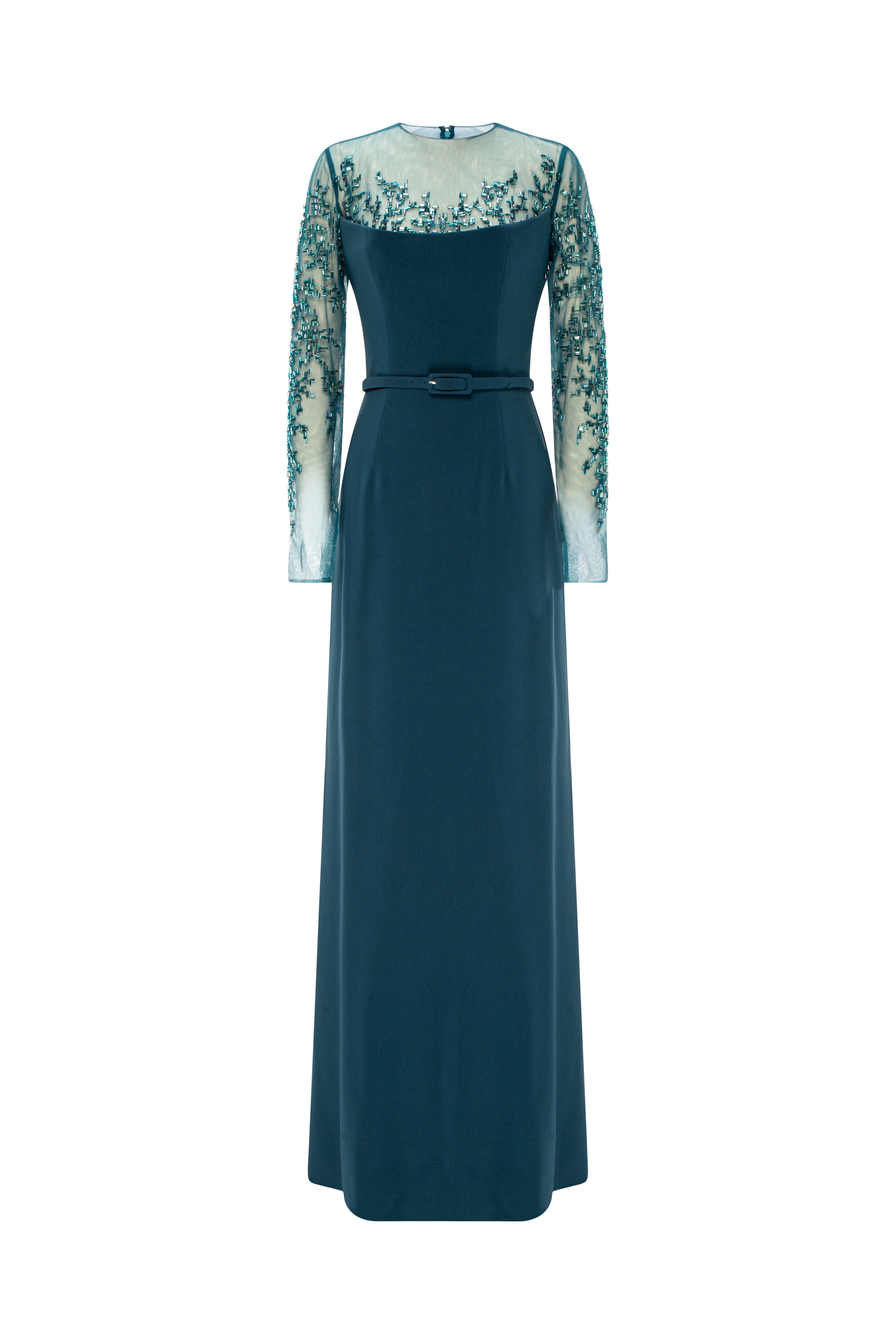Mermaid Gown With Sheer Embroidered Long Sleeves And Belt.