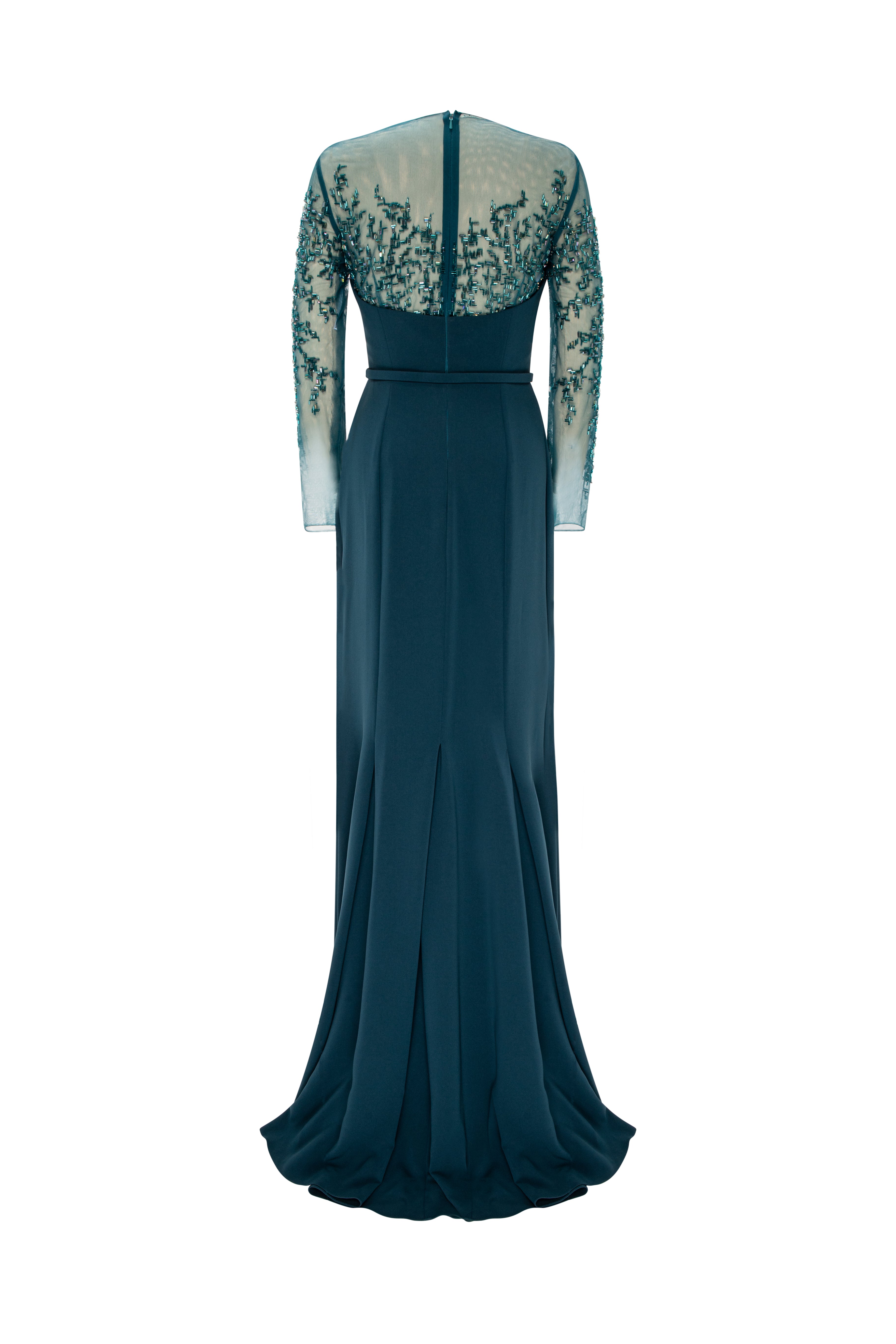 Mermaid Gown With Sheer Embroidered Long Sleeves And Belt.