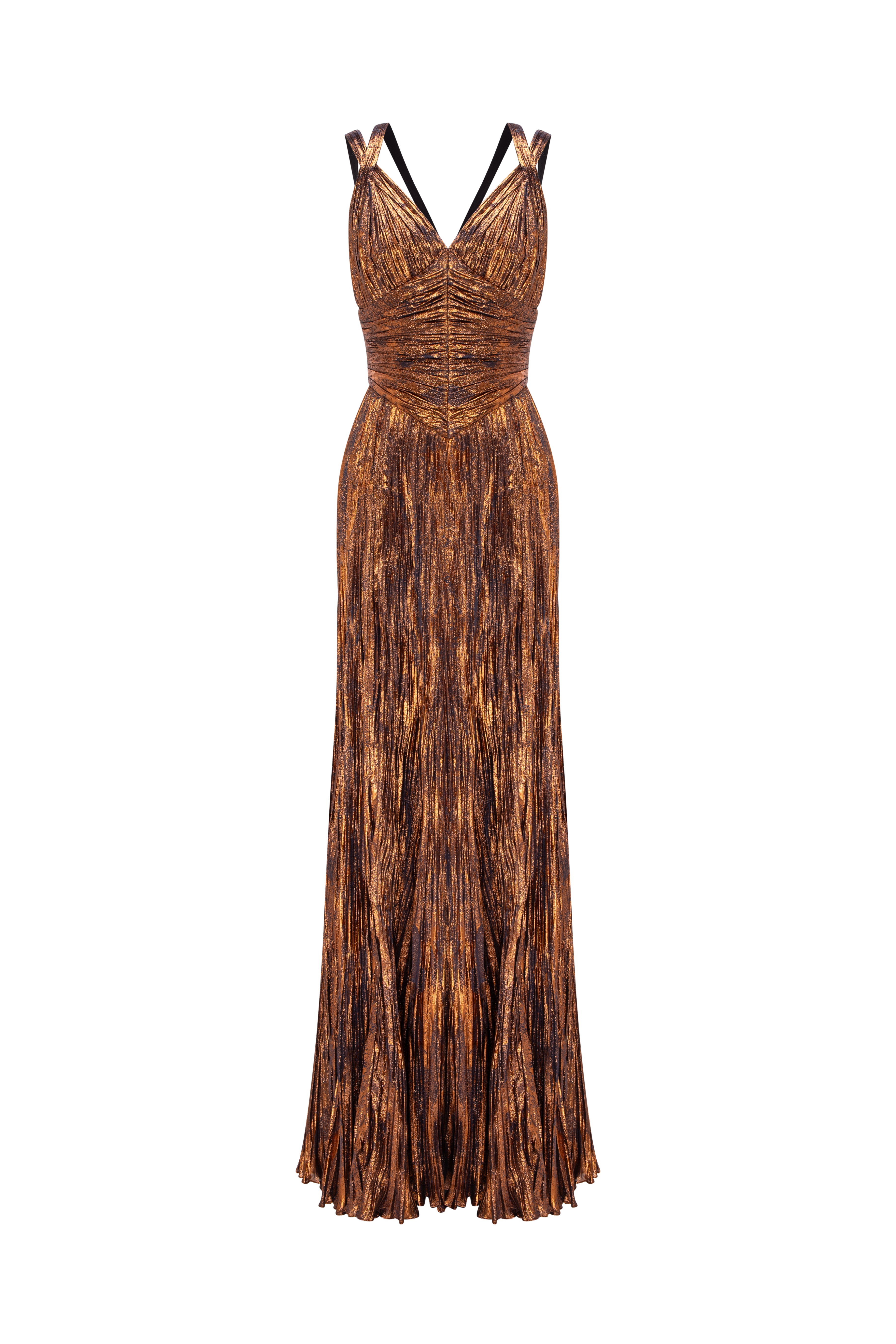 V-Neck Draped Gown With Fitted Bodice And Flowing Skirt.