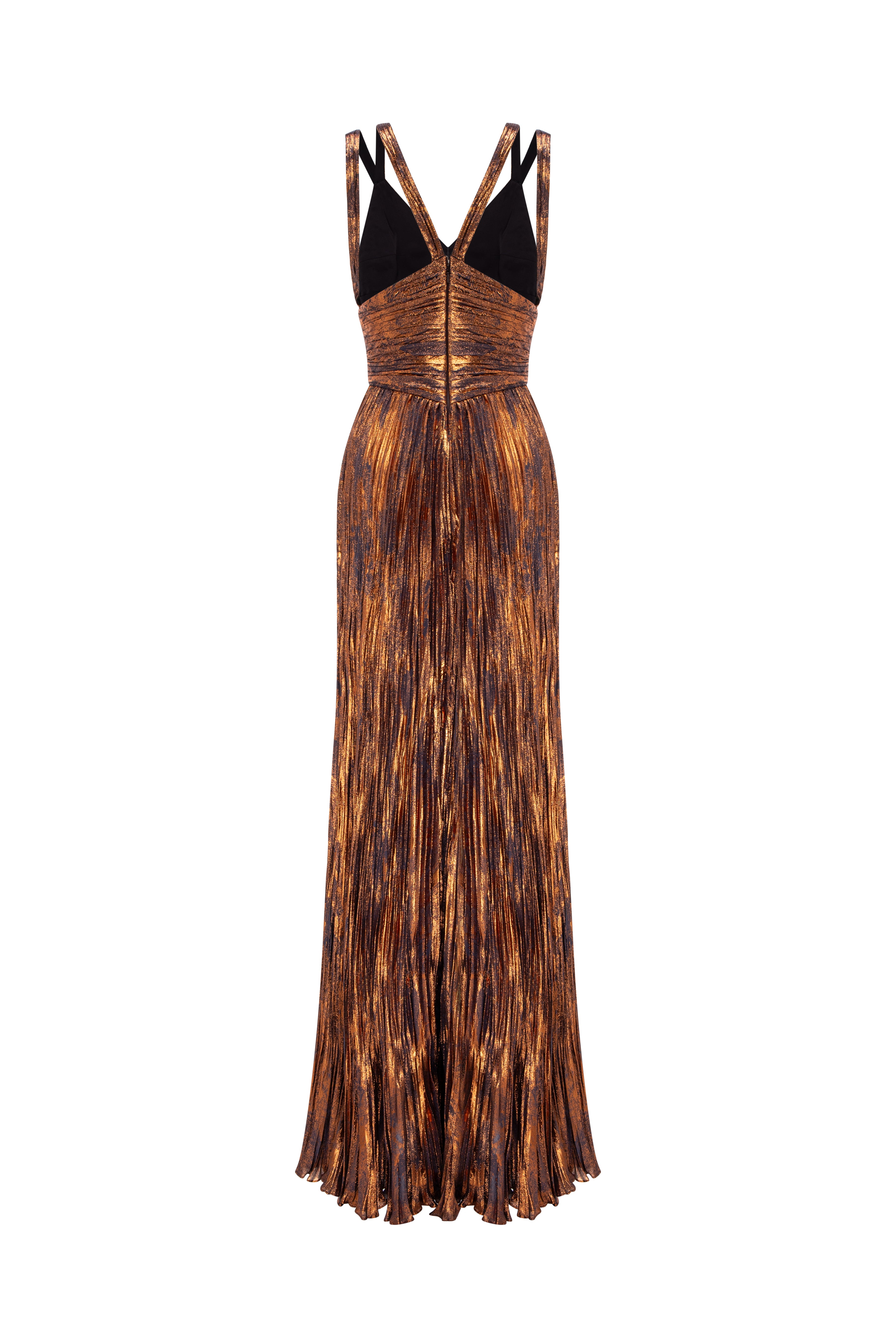 V-Neck Draped Gown With Fitted Bodice And Flowing Skirt.