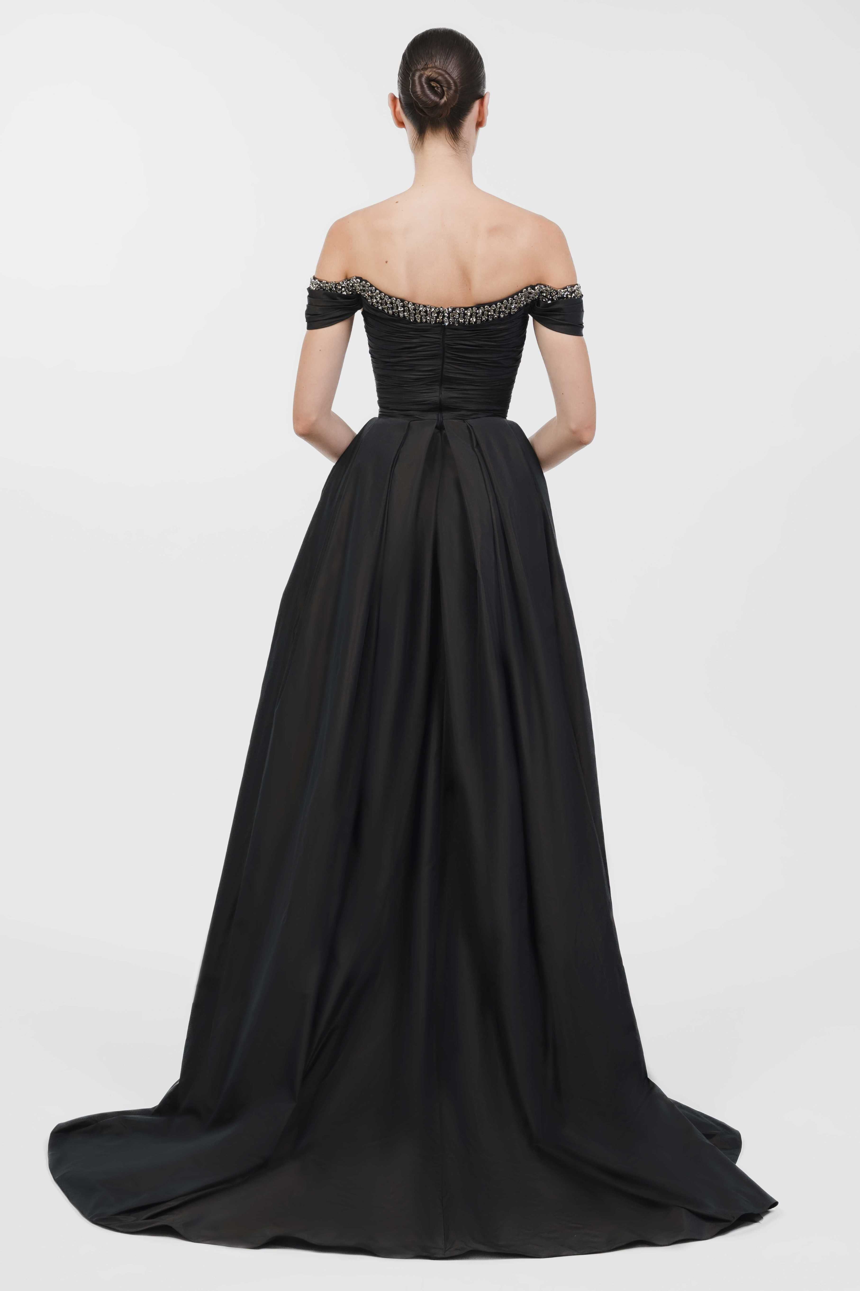 Off-Shoulder Gown With Crystal-Embellished Neckline And Draped Skirt.