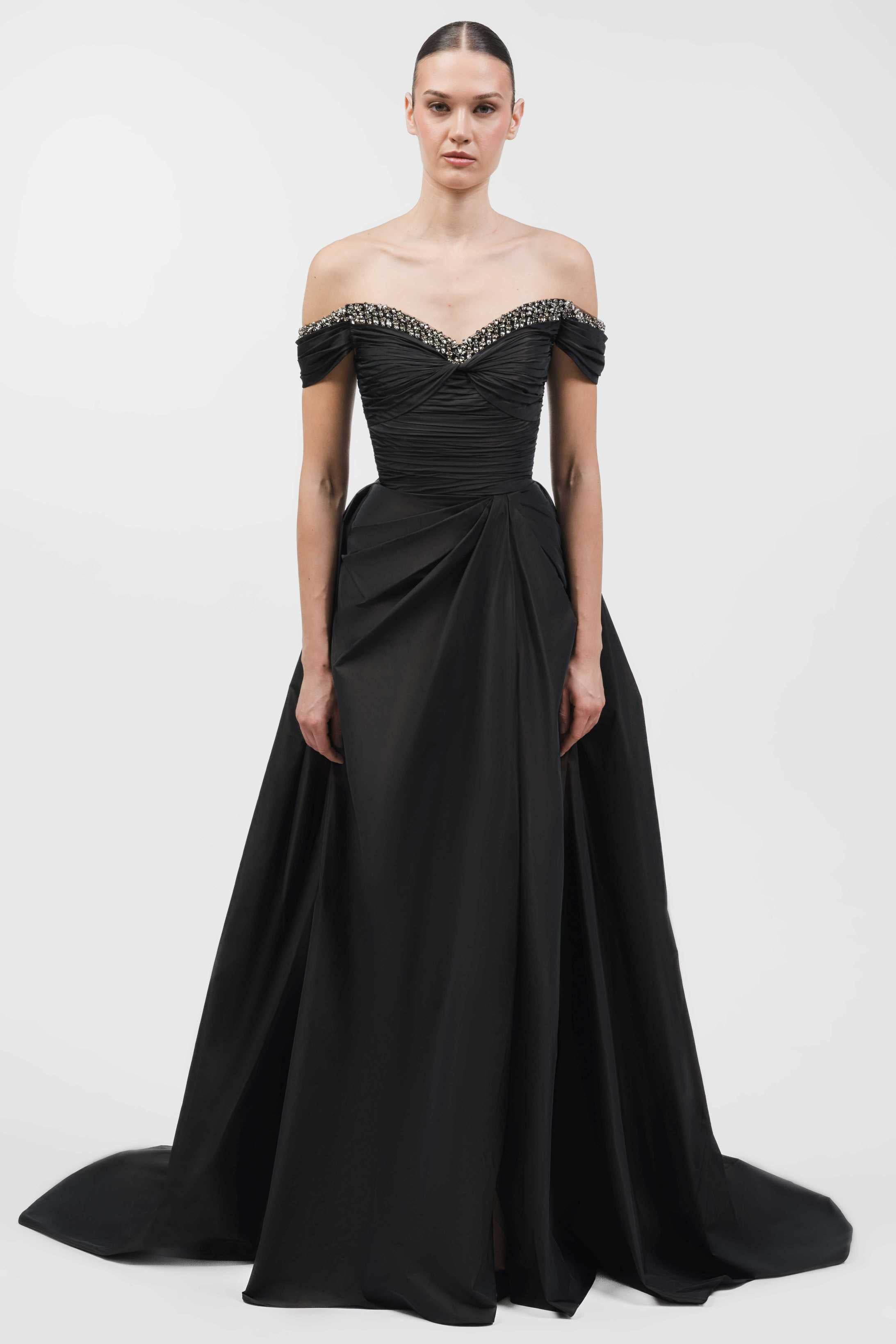 Off-Shoulder Gown With Crystal-Embellished Neckline And Draped Skirt.