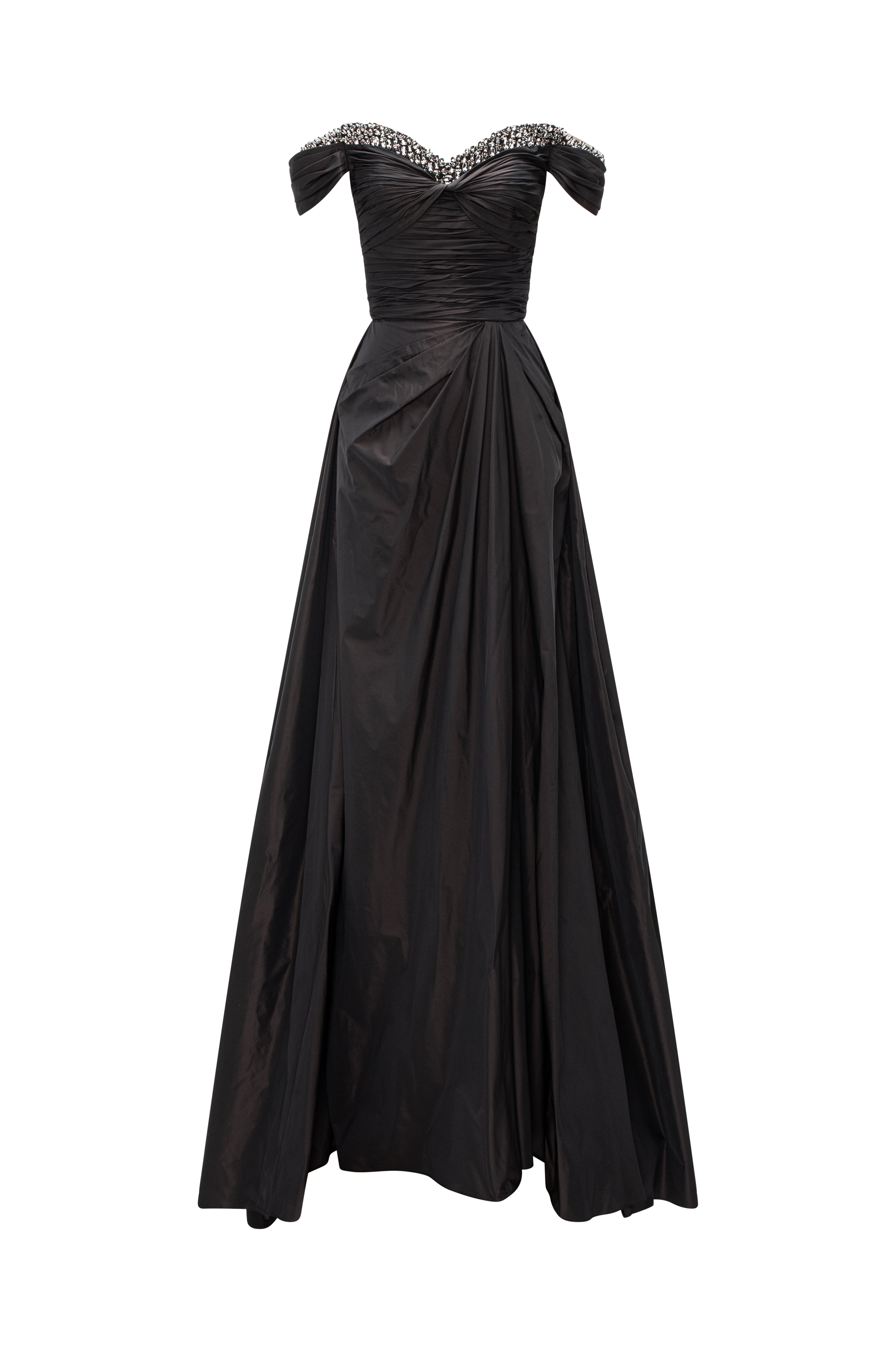 Off-Shoulder Gown With Crystal-Embellished Neckline And Draped Skirt.