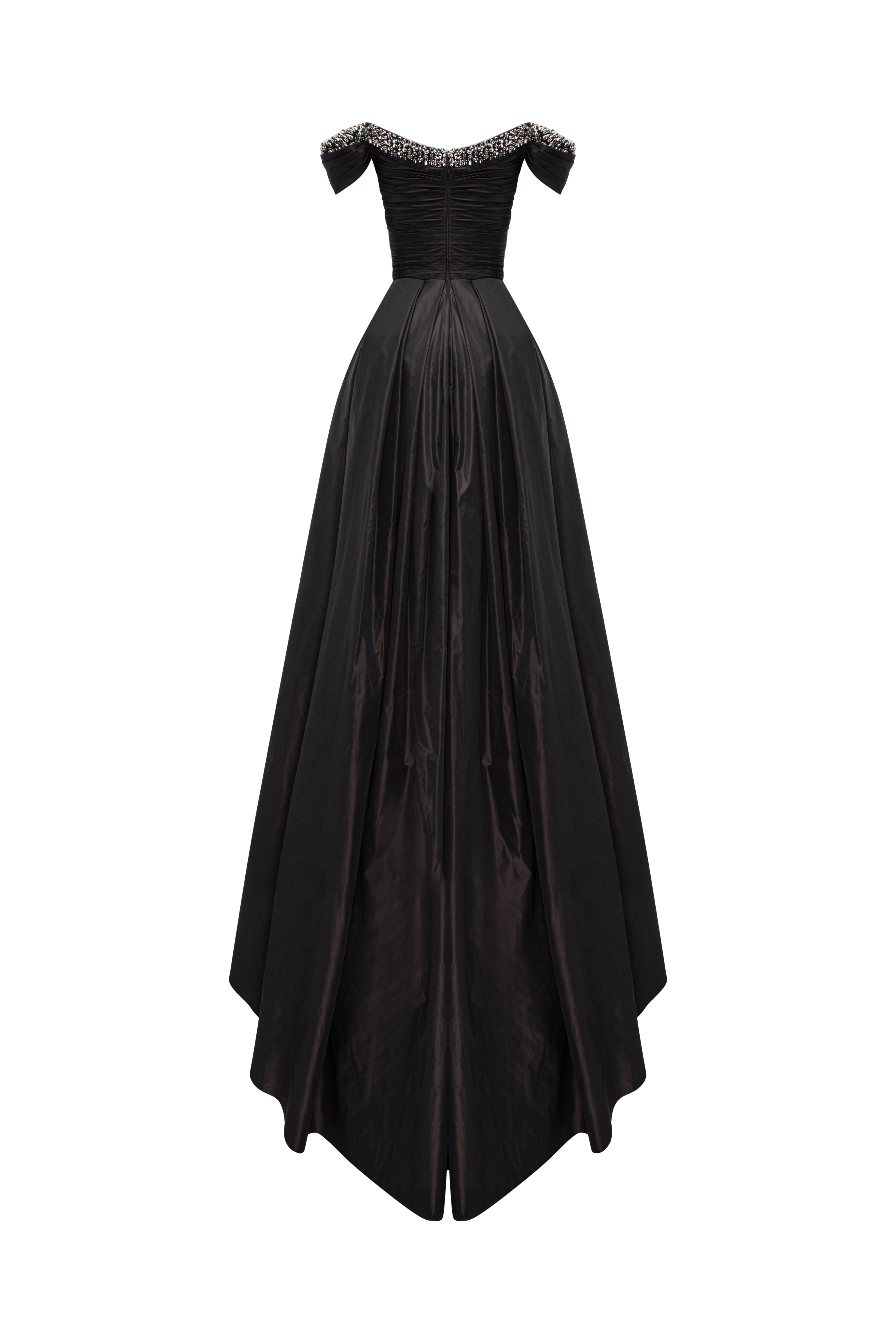 Off-Shoulder Gown With Crystal-Embellished Neckline And Draped Skirt.