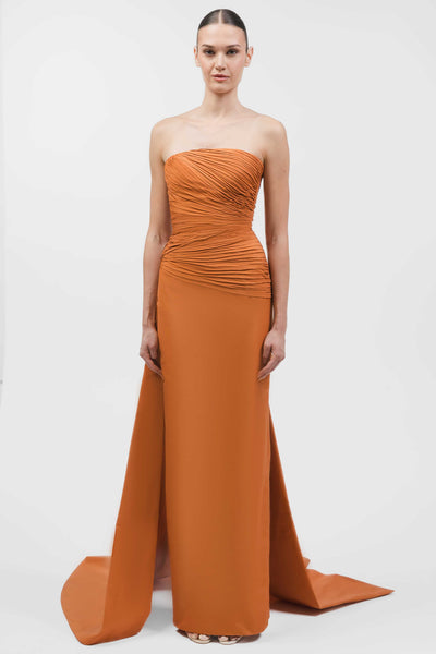 Strapless Asymmetrically Draped Gown With Asymmetric Overskirt.