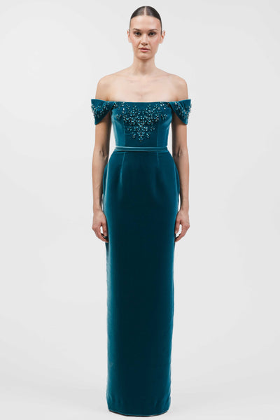 Off-Shoulder Velvet Column Gown With Crystal-Embellished Bodice.