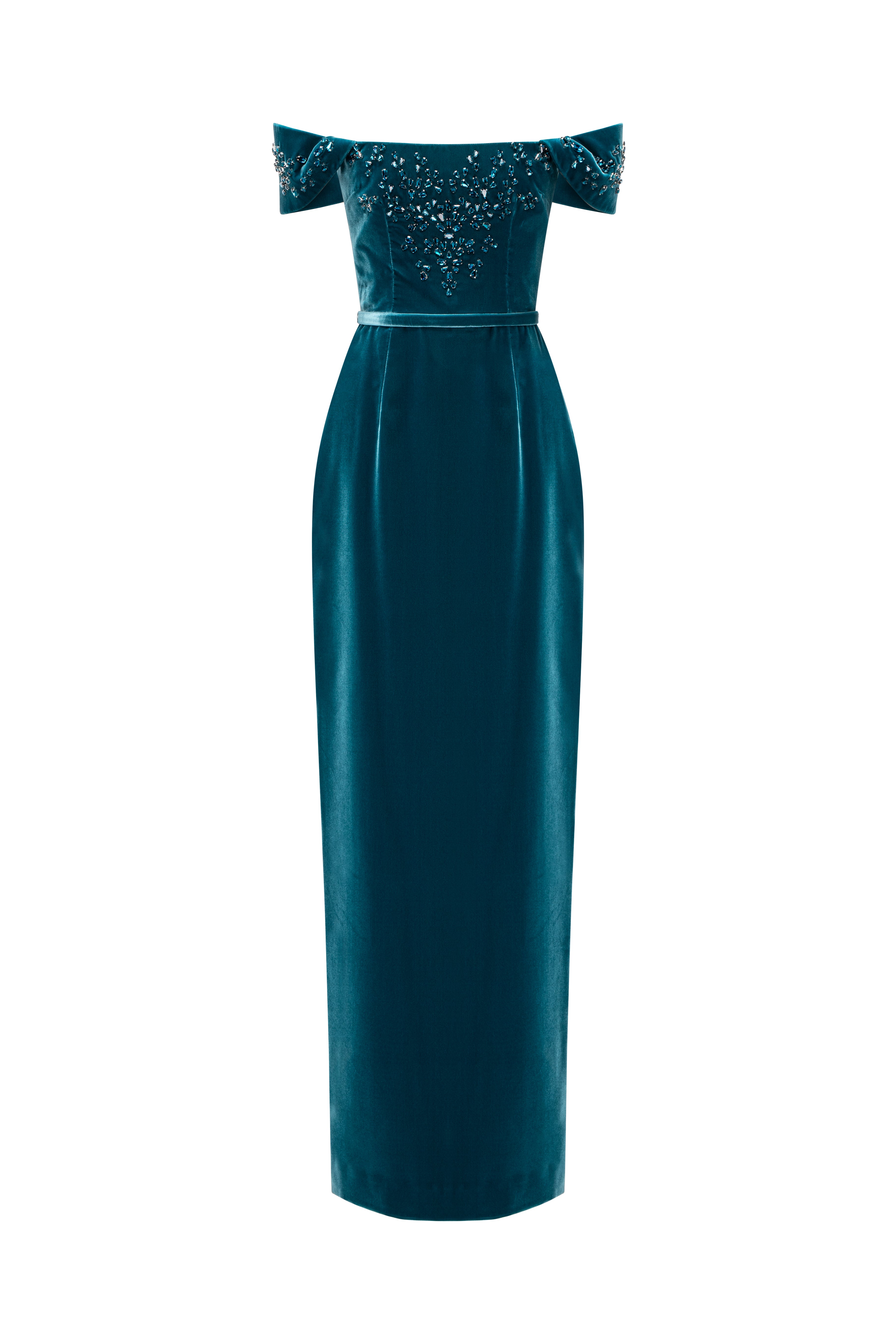Off-Shoulder Velvet Column Gown With Crystal-Embellished Bodice. FR 40