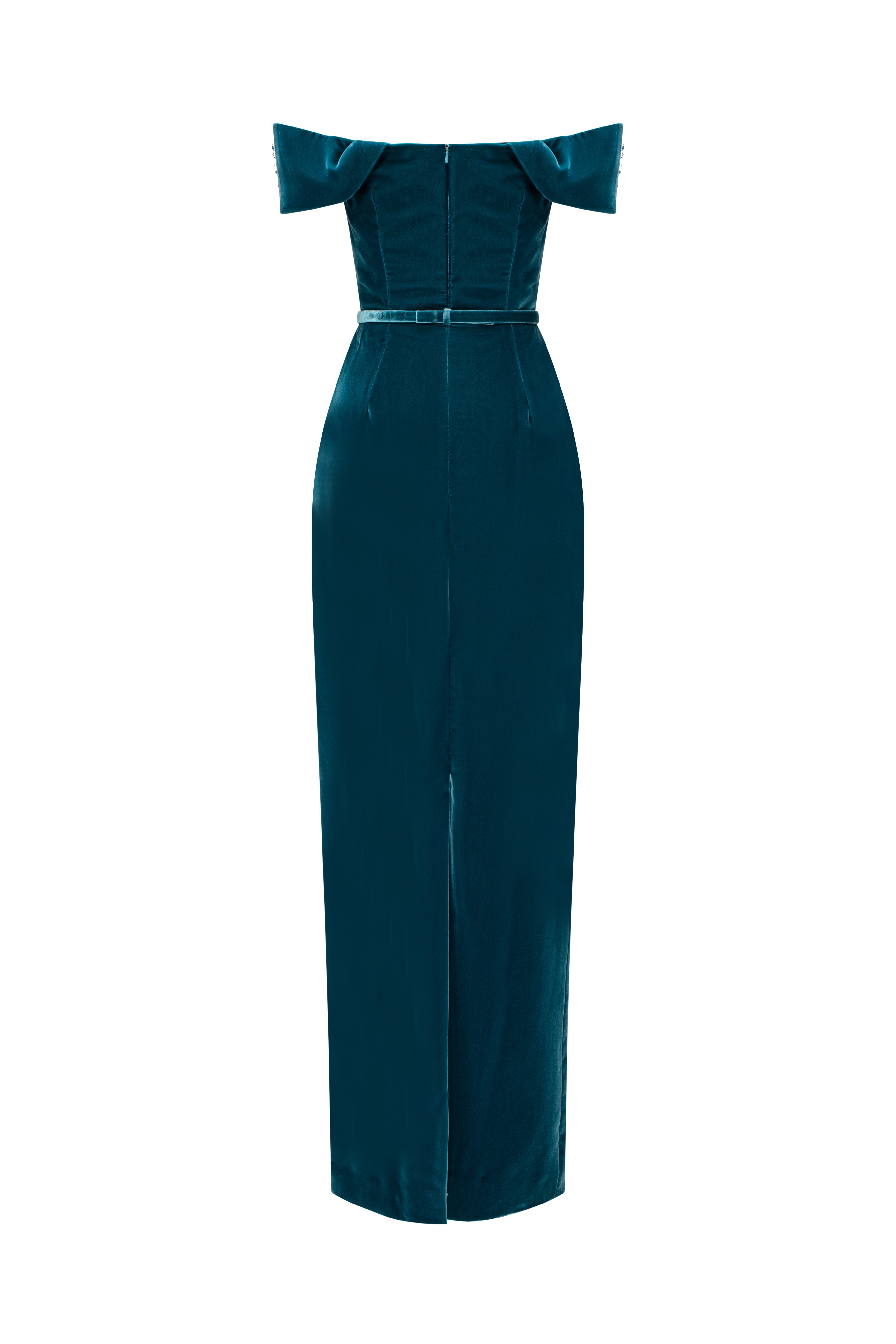 Off-Shoulder Velvet Column Gown With Crystal-Embellished Bodice. FR 40