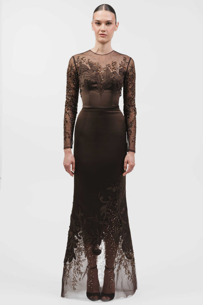 Embroidered Long-Sleeve Gown With Fitted Silhouette And Belt.