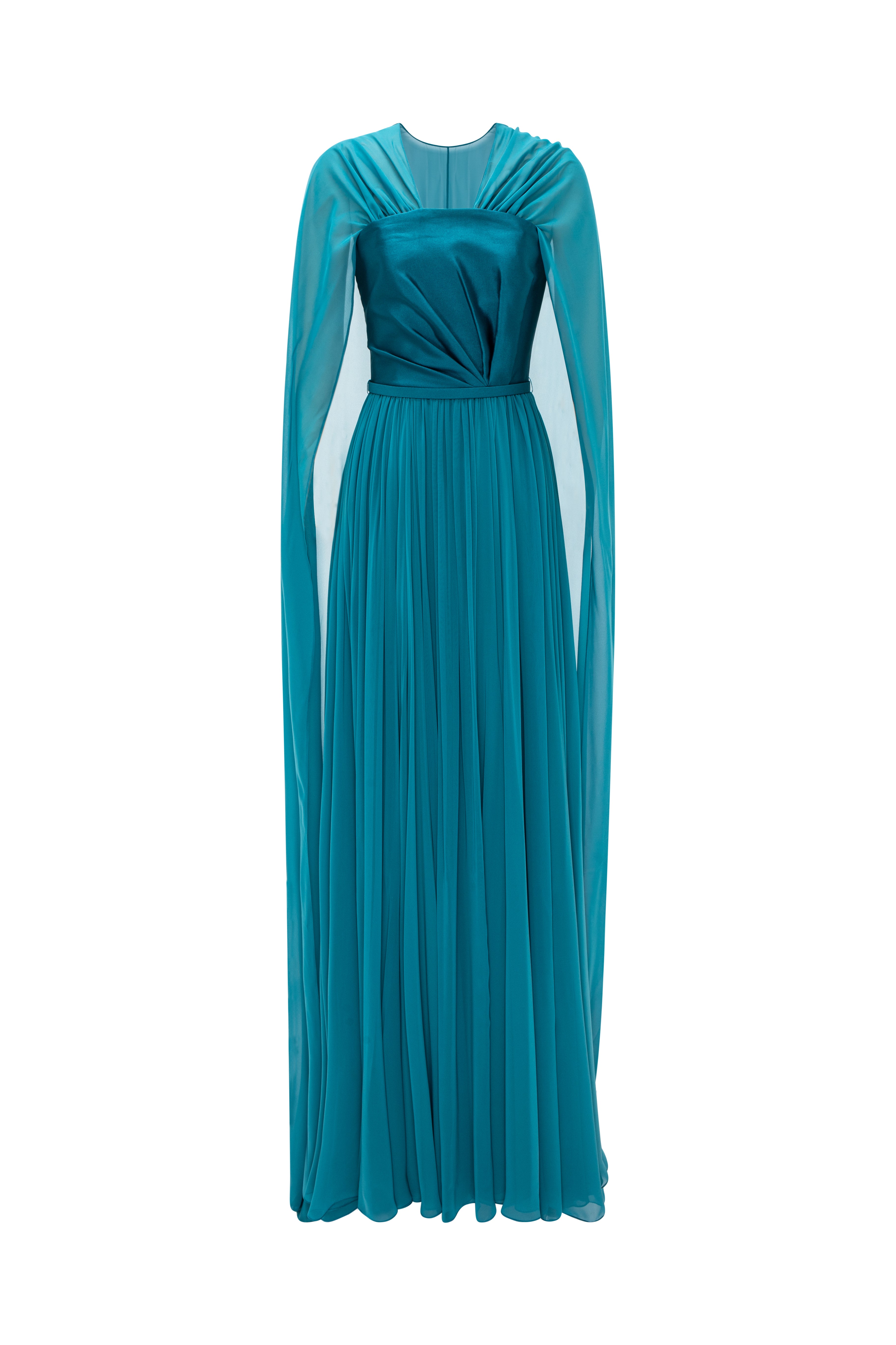 فستان من الموسلين بانسدال غير متماثل، مع كاب قابل للإزالة وحزام.