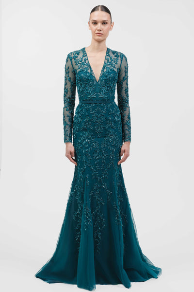 Deep V-Neck Fully Beaded Embroidered Lace Mermaid Gown With Belt.