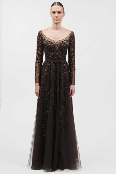 Fully Beaded Long-Sleeve Gown With Belt.