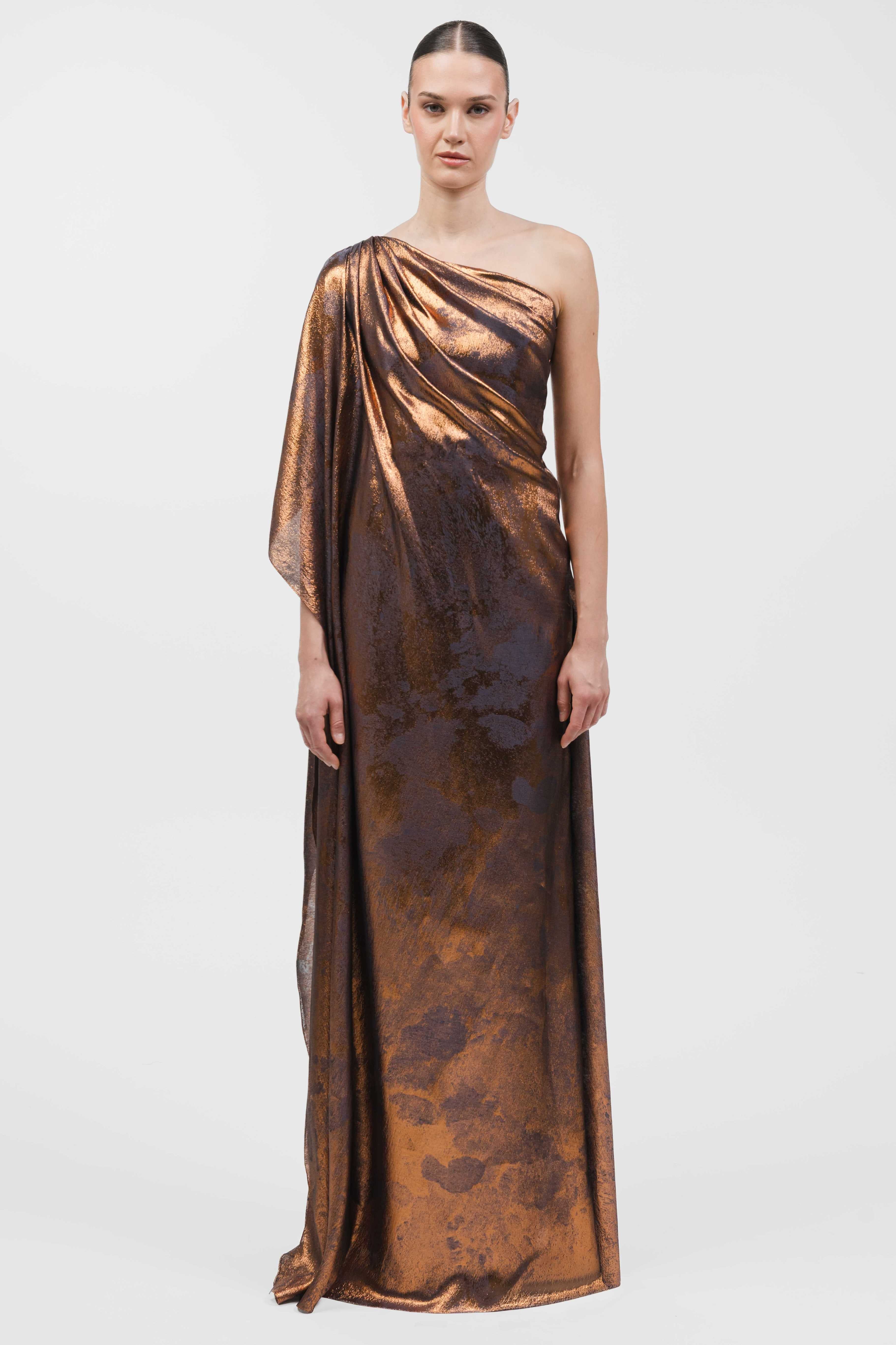 one shoulder draped dress One-Shoulder Gown With Flowing Silhouette Elevate your wardrobe with ready to ship wedding dress Tall Dresser with 4 Color:Iridescent Pink