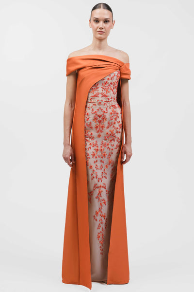 Fully Beaded Embroidered Column Gown With Asymmetrical Off-Shoulder Cape.