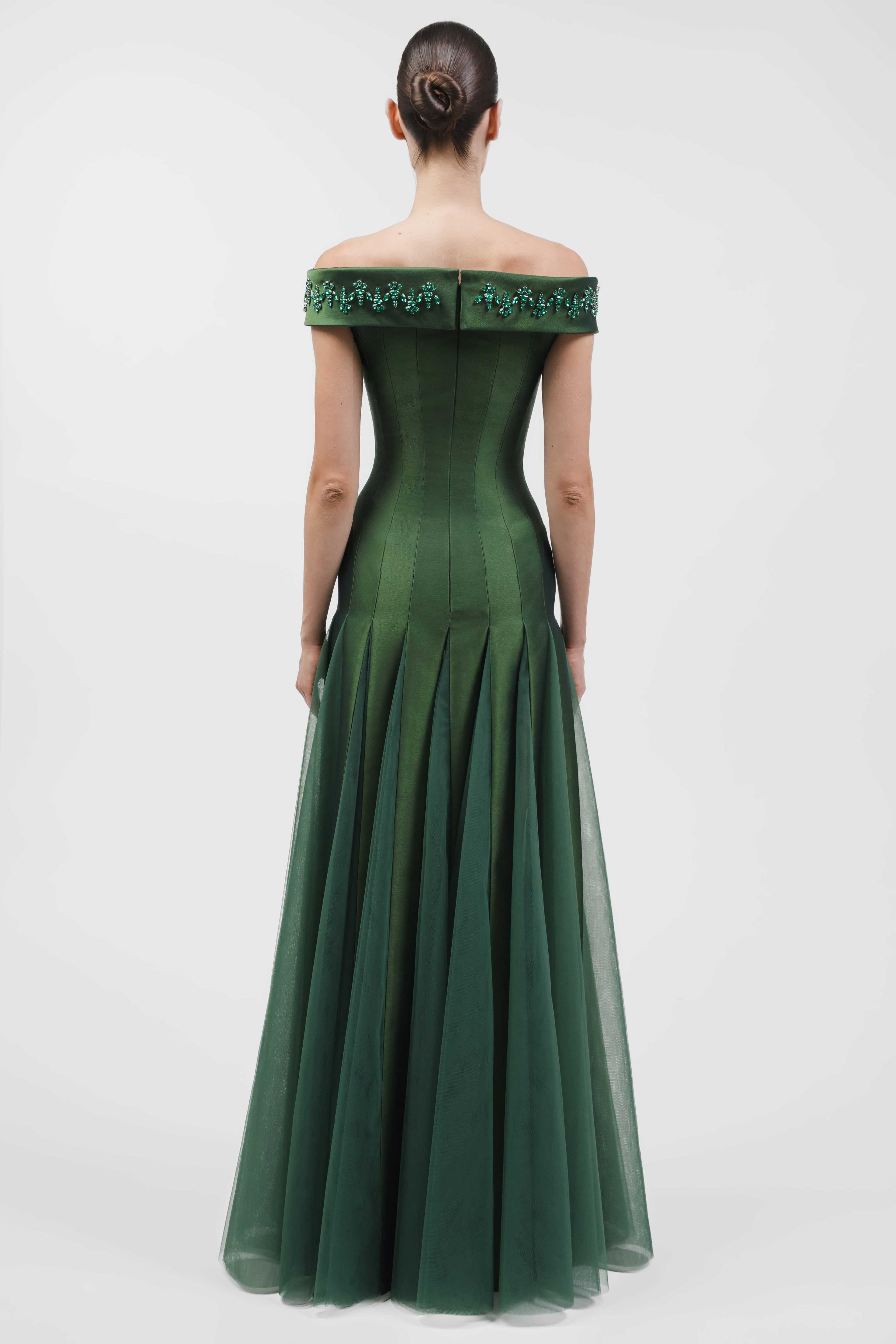 Embellished Off-Shoulder Multi-Panelled Gown With A Tulle Godet Skirt.