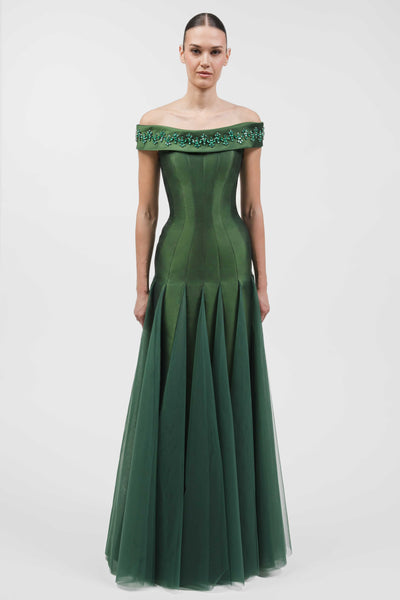 Embellished Off-Shoulder Multi-Panelled Gown With A Tulle Godet Skirt.
