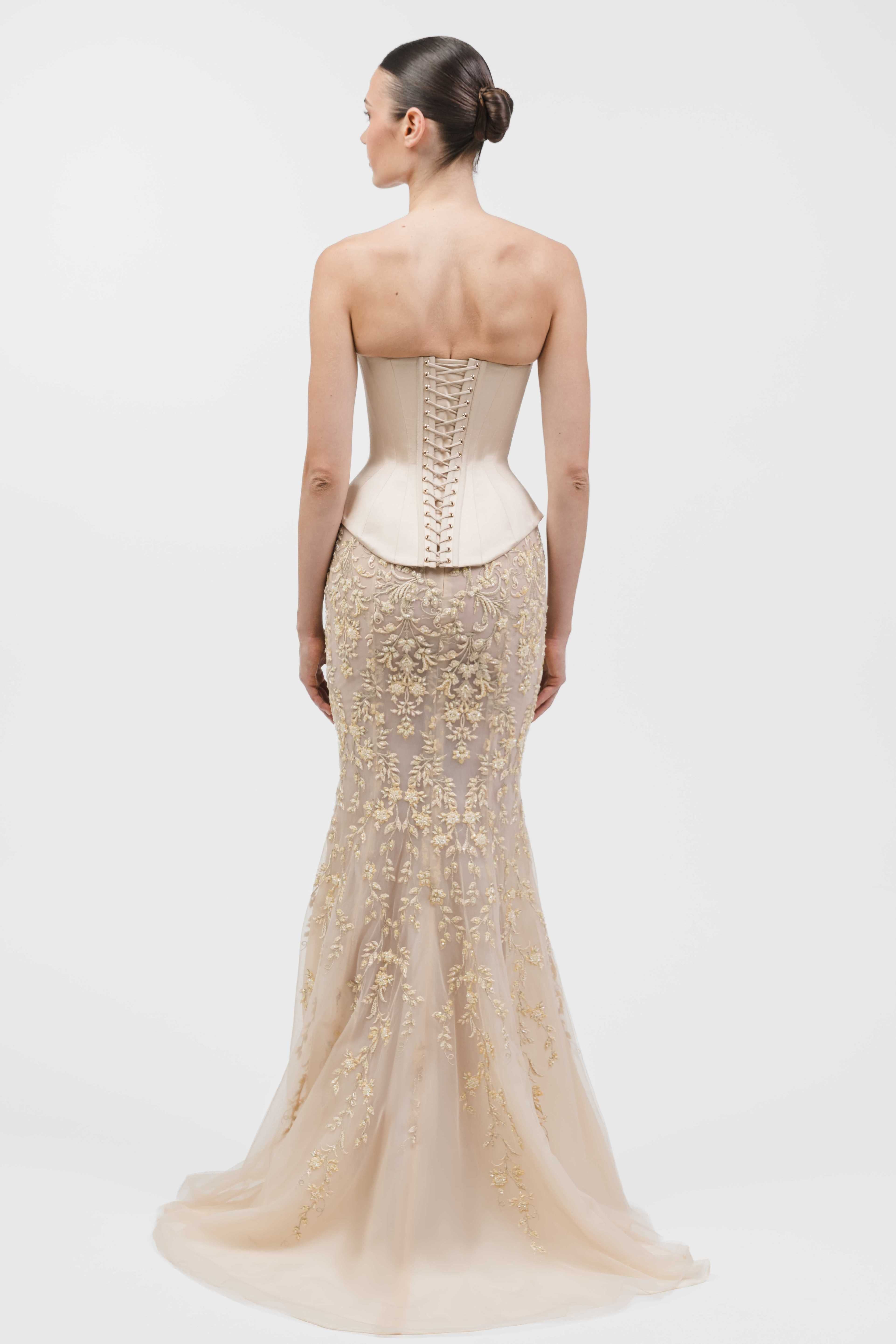Strapless Structured Corset Gown With Beaded Lace Appliqué And Mermaid Skirt.