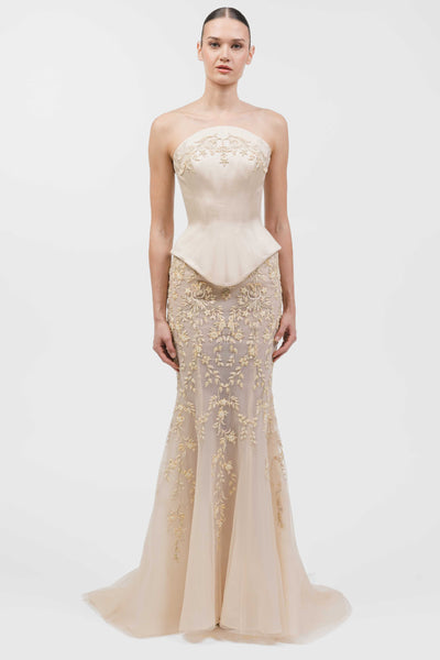 Strapless Structured Corset Gown With Beaded Lace Appliqué And Mermaid Skirt.
