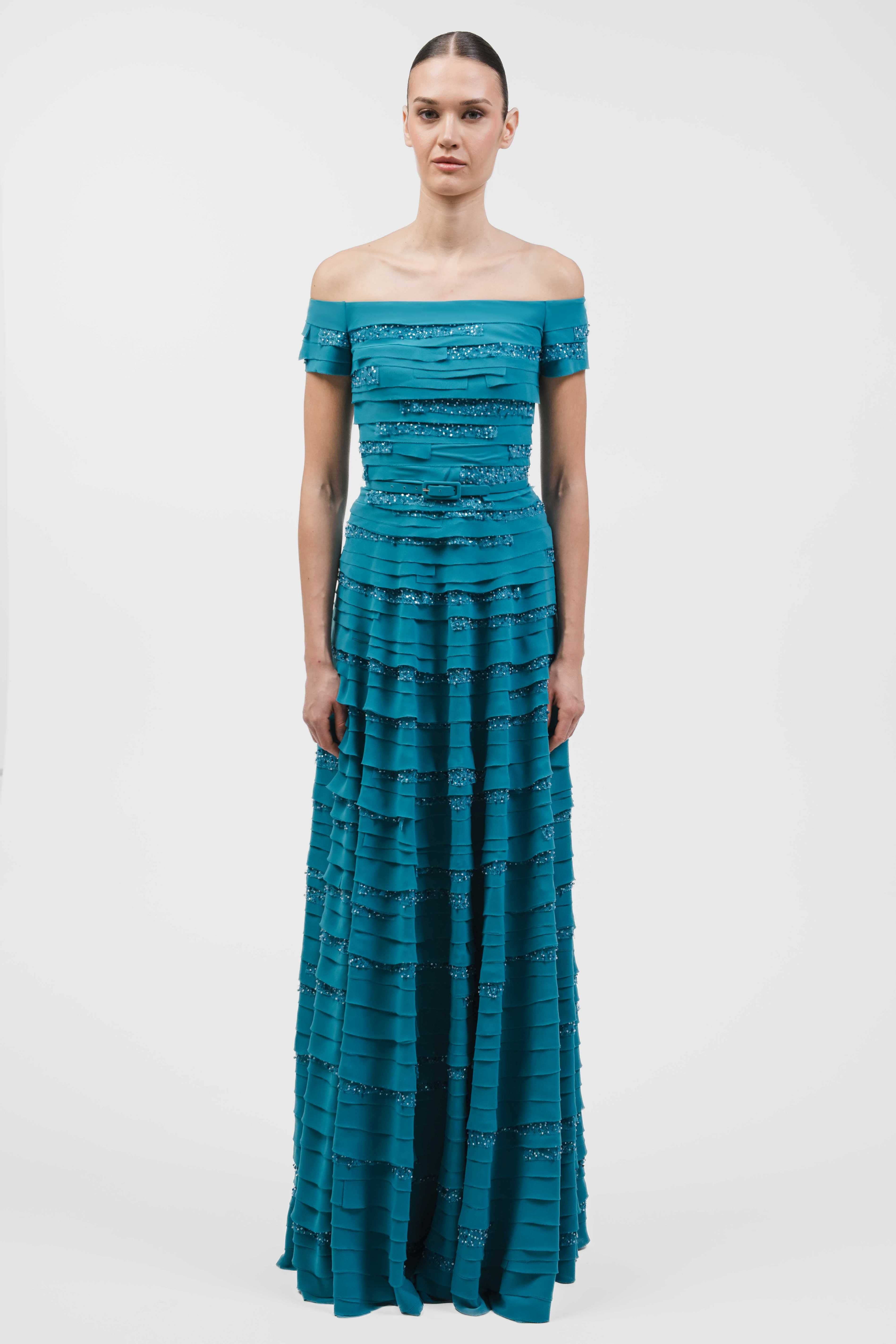 Off-Shoulder A-Line Muslin Gown With Layered Panels And Beaded Tulle Inserts And Belt