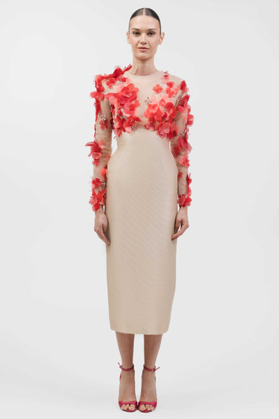 Long-Sleeve Floral Appliqué And Crystal Accent Top With High-Waisted Tea-Length Skirt.