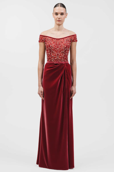 Off-Shoulder Embellished Bodice Gown With Draped Velvet Skirt