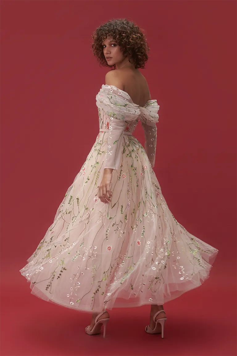 floral tulle, embroidered tulle,off-shoulder,long sleeves ,pink gown, tulle skirt, midi dress, evening dress, beading dress,  embellished dress, red carpet dress, ready to wear designer, evening dress Dubai, buy dress Dubai, fashion designer Dubai,  Autumn-Winter collection, gala dress