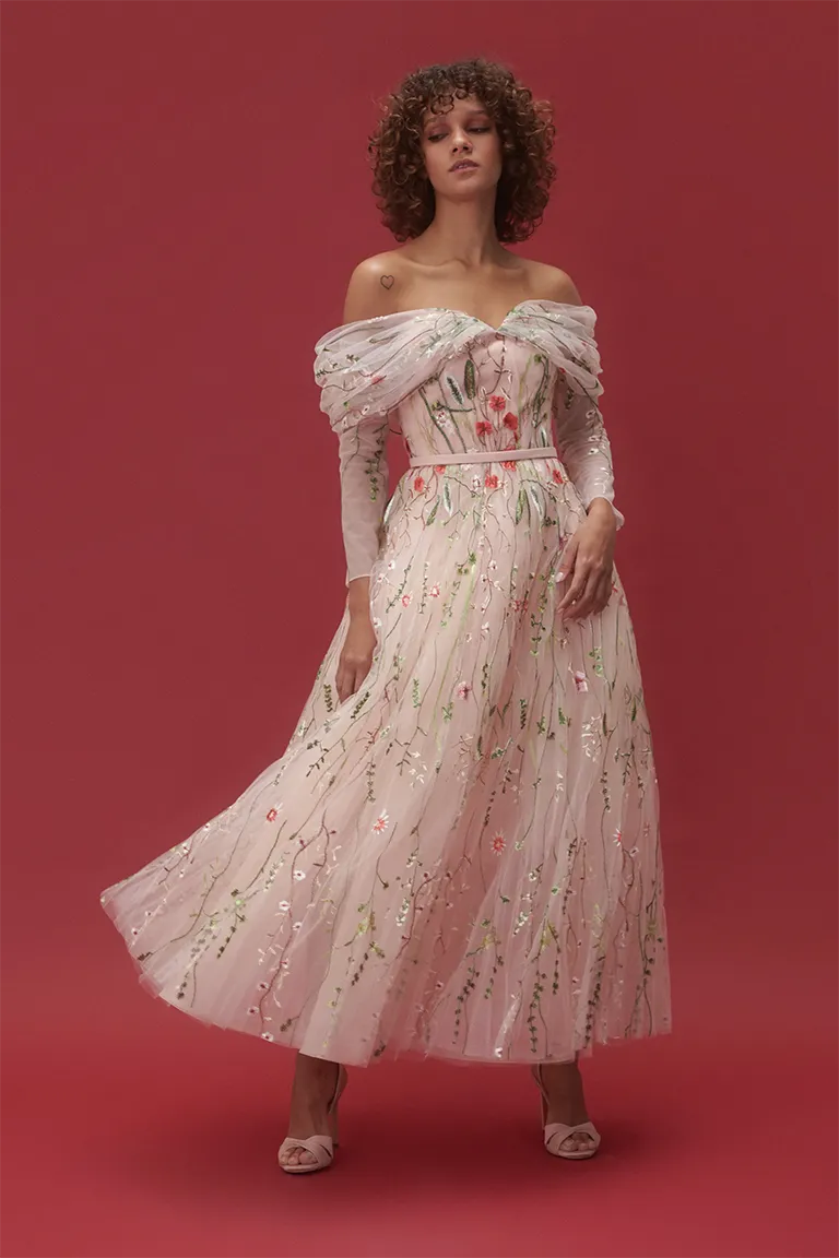 floral tulle, embroidered tulle,off-shoulder,long sleeves ,pink gown, tulle skirt, midi dress, evening dress, beading dress,  embellished dress, red carpet dress, ready to wear designer, evening dress Dubai, buy dress Dubai, fashion designer Dubai,  Autumn-Winter collection, gala dress