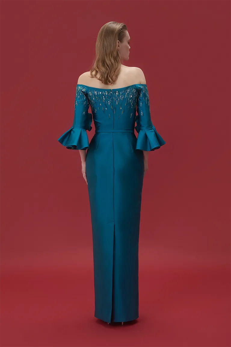 off-shoulder dress, long dress, evening dress,blue dress, dress with high back slit, full length, ruffled sleeve dress, fitted dress, satin dress, beaded top, red carpet dress, ready to wear designer, evening dress Dubai, buy dress Dubai, fashion designer Dubai, Autumn-Winter collection, gala dress