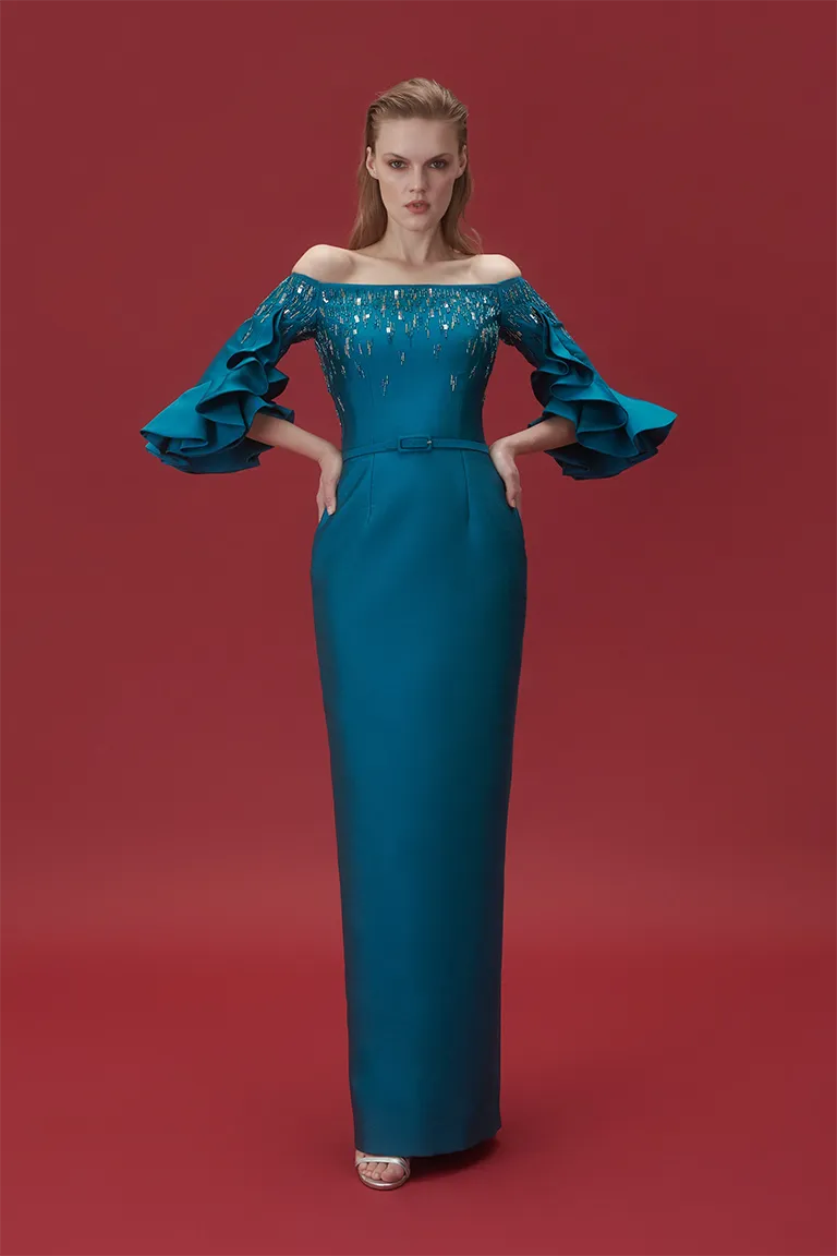 off-shoulder dress, long dress, evening dress,blue dress, dress with high back slit, full length, ruffled sleeve dress, fitted dress, satin dress, beaded top, red carpet dress, ready to wear designer, evening dress Dubai, buy dress Dubai, fashion designer Dubai, Autumn-Winter collection, gala dress