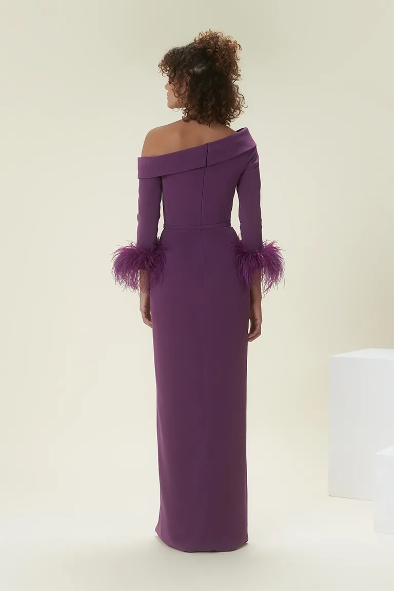 Asymetrical Long Sleeves Dress with Feathered Cuff