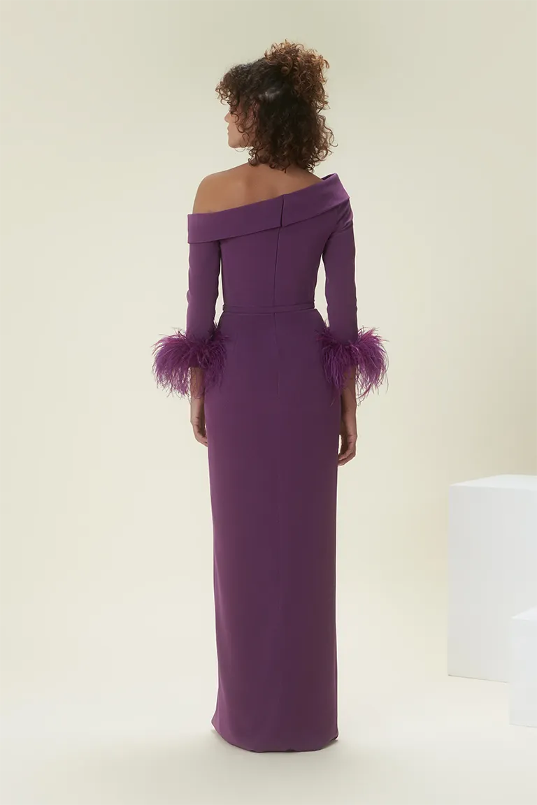 off-shoulder dress, crepe dress, asymmetrical dress, purple dress, fitted dress, feathered sleeves, long sleeves, slit, high side slit, party dress,red carpet dress, ready to wear designer, evening dress Dubai, buy dress Dubai, fashion designer Dubai, Autumn-Winter collection, gala dress