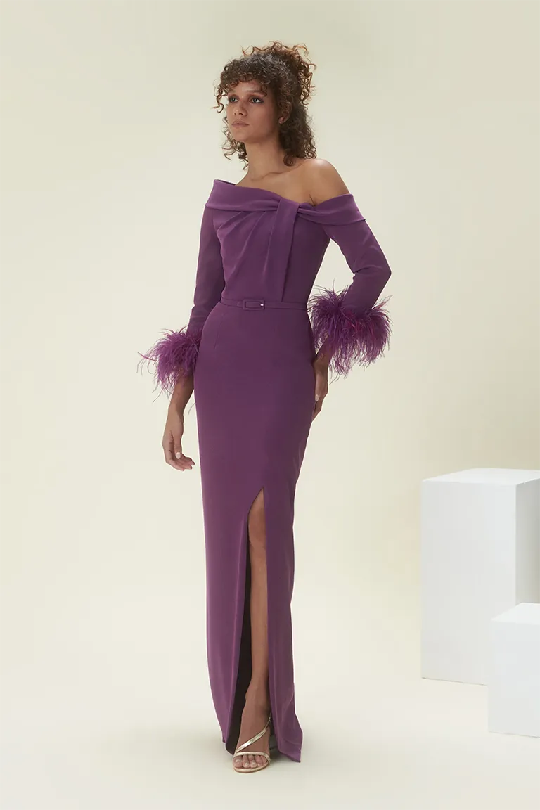 off-shoulder dress, crepe dress, asymmetrical dress, purple dress, fitted dress, feathered sleeves, long sleeves, slit, high side slit, party dress,red carpet dress, ready to wear designer, evening dress Dubai, buy dress Dubai, fashion designer Dubai, Autumn-Winter collection, gala dress