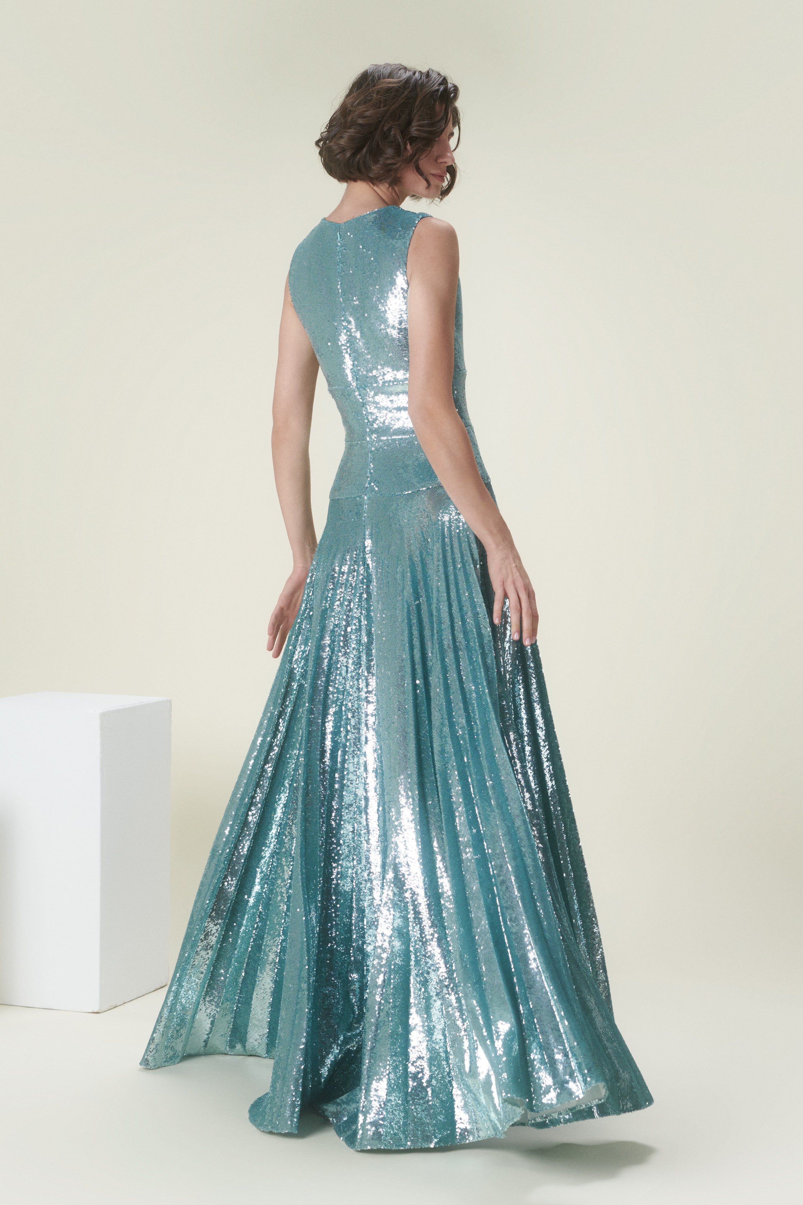 Pleated dress, sequin dress, deep v-neckline, blue dress, long dress,party dress, A line dress, ready to wear designer, evening dress Dubai, buy dress Dubai, fashion designer Dubai, Autumn-Winter collection, gala dress