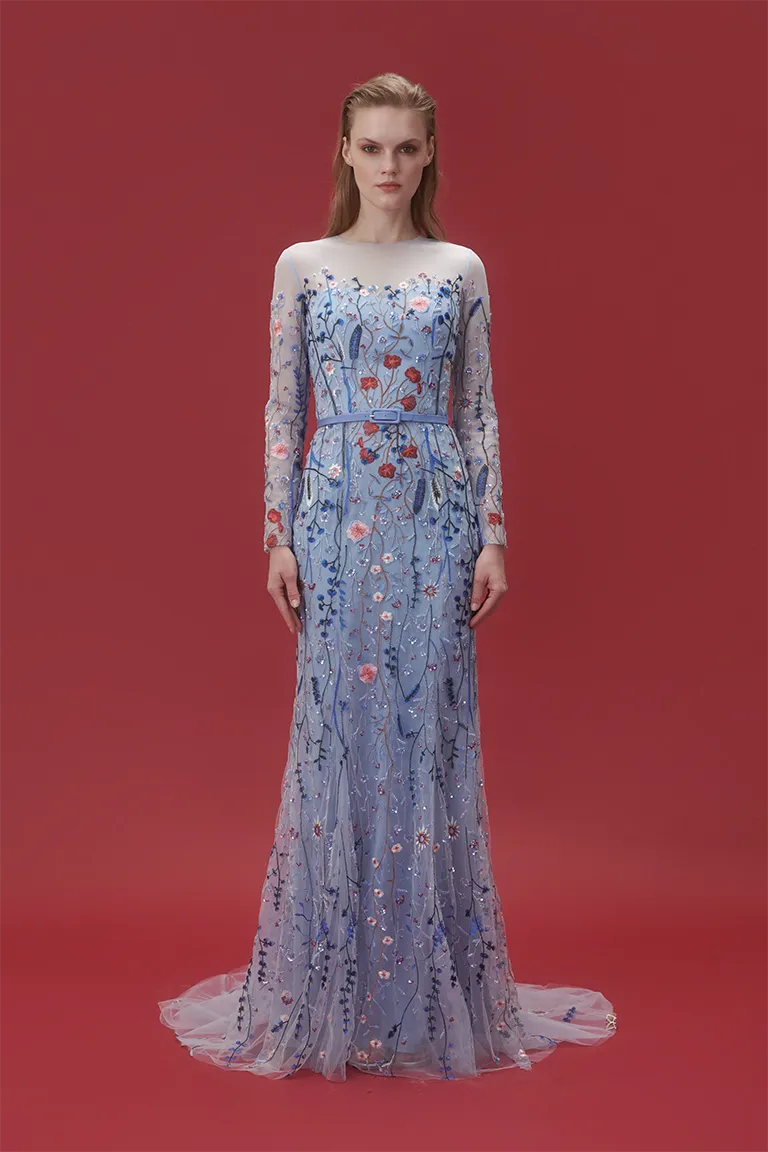 fully beadeed tulle dress, beading, mermaid gown, mother of the bride, full length, long dress, long sheer sleeves, floral dress, evening dress, blue dress, beading dress,  embellished dress, red carpet dress, ready to wear designer, evening dress Dubai, buy dress Dubai, fashion designer Dubai, Autumn-Winter collection, gala dress