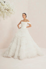 Voluminous Gathered Tulle Skirt Wedding Gown Adorned With Intricately Placed Feathers