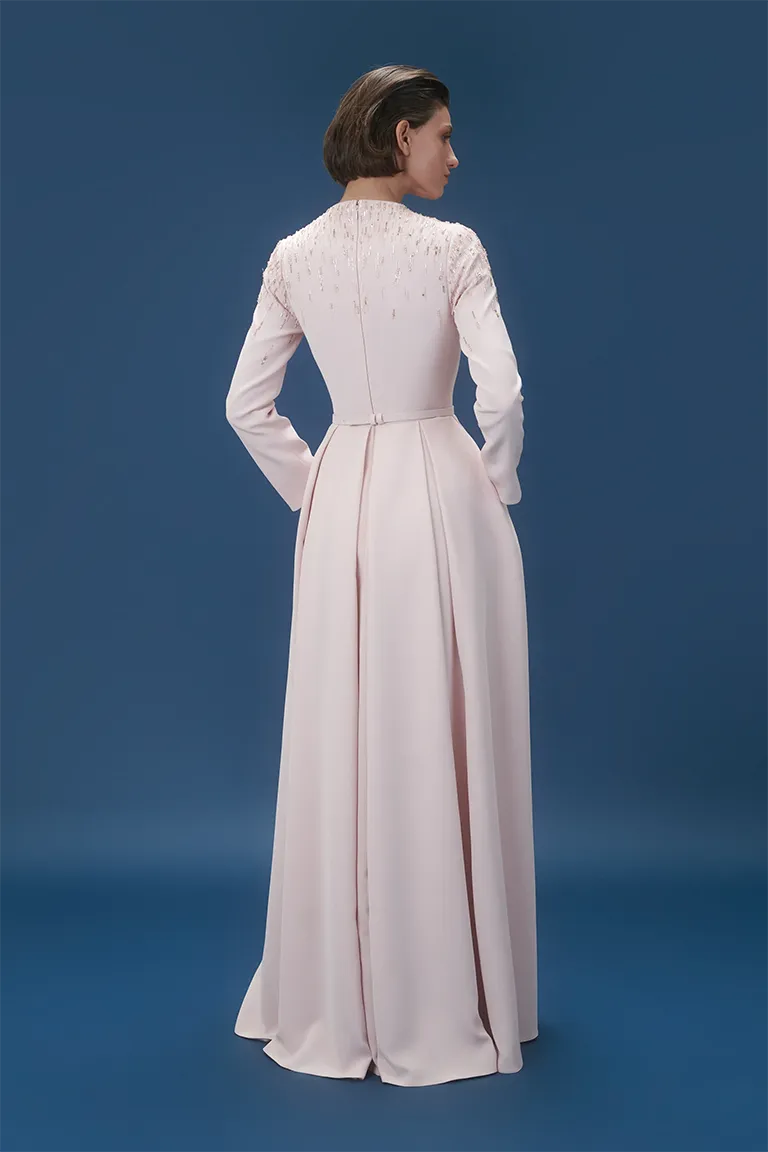  mother of the bride, dress with slit, slit, full length, crepe dress, fitted crepe dress, beaded dress, light pink dress, long sleeves, long dress, v neckline, evening dress, red dress, red carpet dress,  ready to wear designer, evening dress Dubai, buy dress Dubai, fashion designer Dubai, Autumn-Winter collection, gala dress