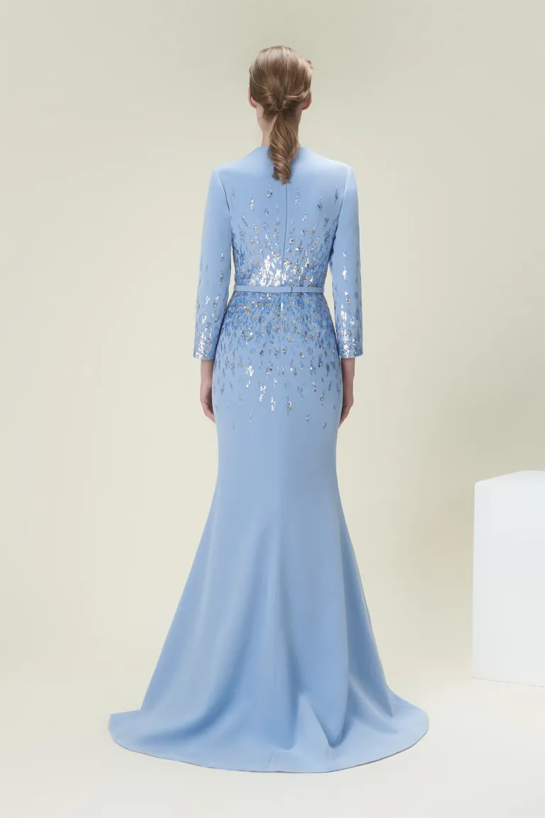  mother of the bride,  full length, crepe dress, mermaid dress, fitted crepe dress, fully beaded dress, blue dress, long sleeves, long dress, deep v neckline, evening dress, , red carpet dress,  ready to wear designer, evening dress Dubai, buy dress Dubai, fashion designer Dubai, Autumn-Winter collection, gala dress