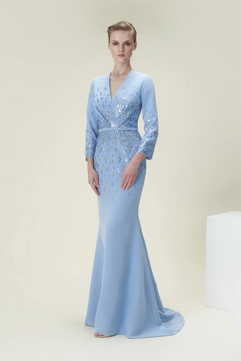  mother of the bride,  full length, crepe dress, mermaid dress, fitted crepe dress, fully beaded dress, blue dress, long sleeves, long dress, deep v neckline, evening dress, , red carpet dress,  ready to wear designer, evening dress Dubai, buy dress Dubai, fashion designer Dubai, Autumn-Winter collection, gala dress
