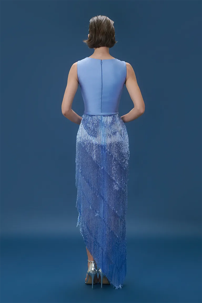 midi dress,satin dress,blue dress,tassel skirt,fully beaded skirt,party dress, red carpet dress, high side slit, slit,satin top, ready to wear designer, evening dress Dubai, buy dress Dubai, fashion designer Dubai, Autumn-Winter collection, gala dress